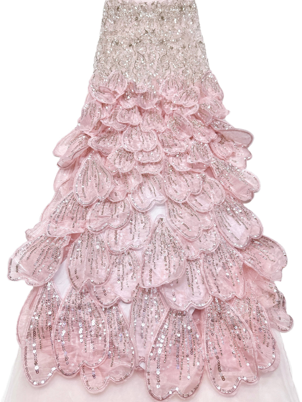 BLS6572#	3D Floral Heavy Beaded Lace Fabric with Sequined Border Scalloped Edge for Wedding Dresses Evening Gowns