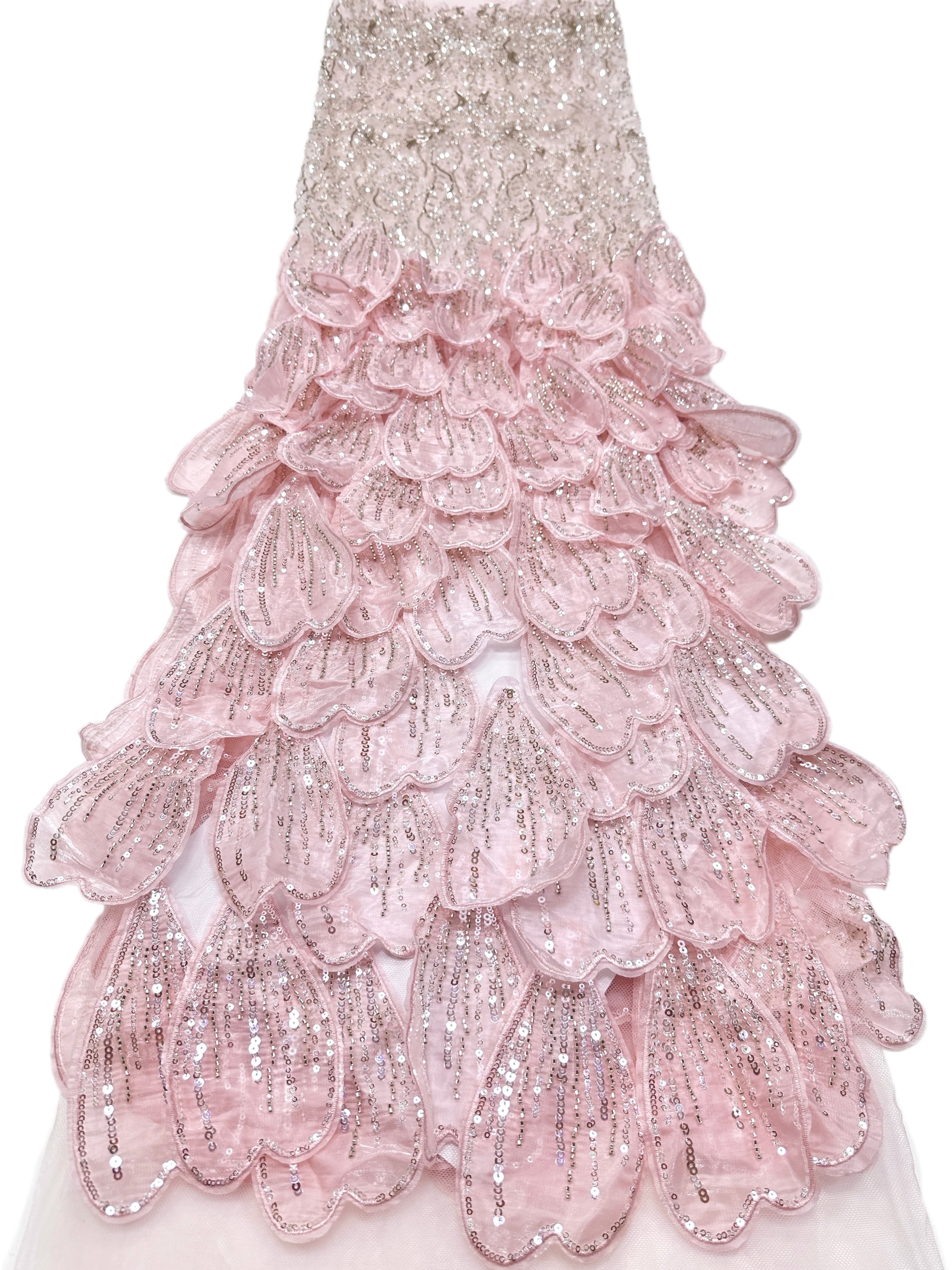 BLS6572#	3D Floral Heavy Beaded Lace Fabric with Sequined Border Scalloped Edge for Wedding Dresses Evening Gowns