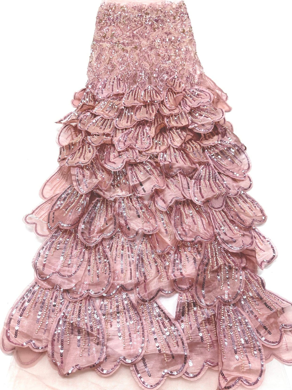 BLS6572#	3D Floral Heavy Beaded Lace Fabric with Sequined Border Scalloped Edge for Wedding Dresses Evening Gowns