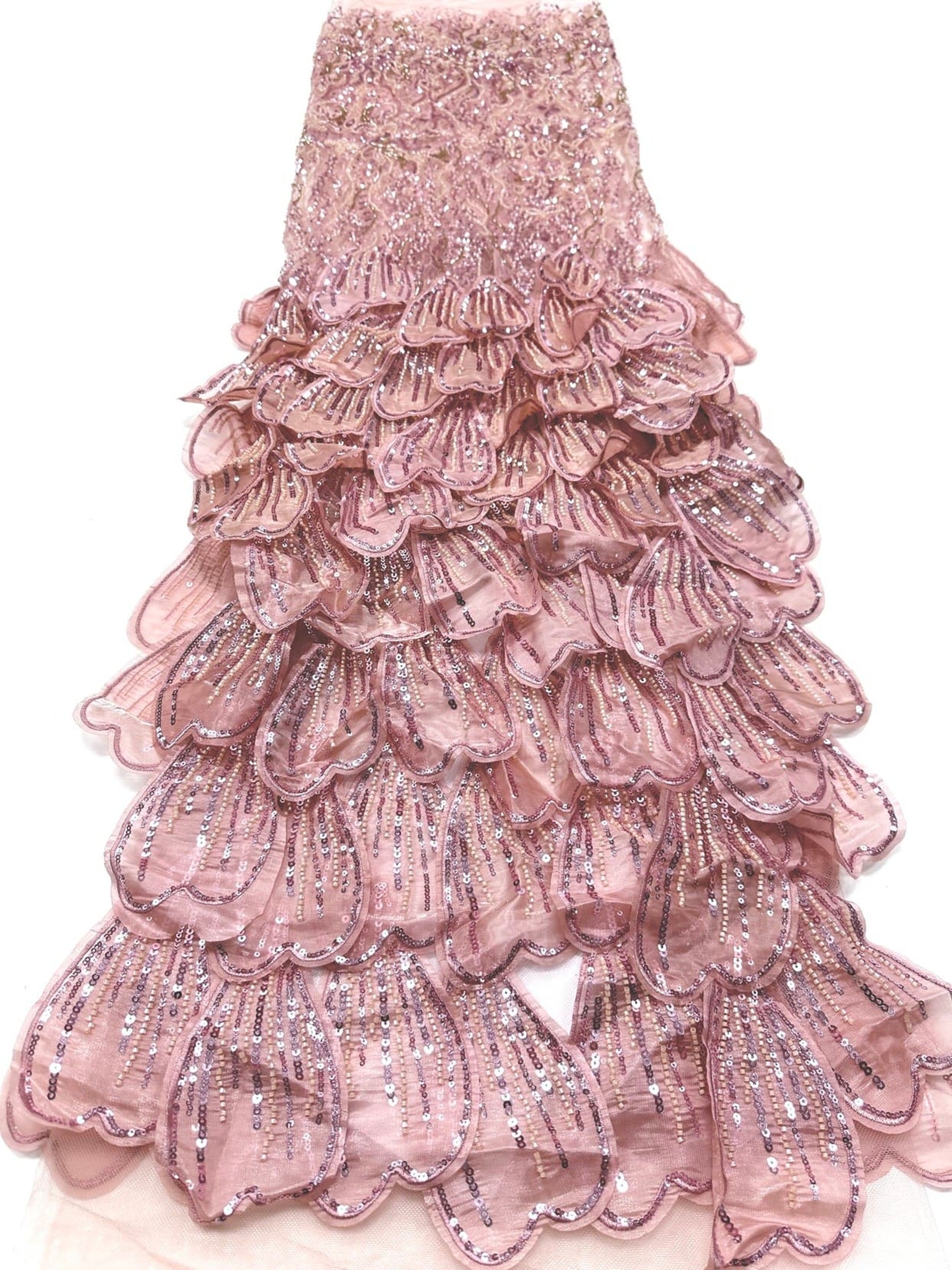 BLS6572#	3D Floral Heavy Beaded Lace Fabric with Sequined Border Scalloped Edge for Wedding Dresses Evening Gowns