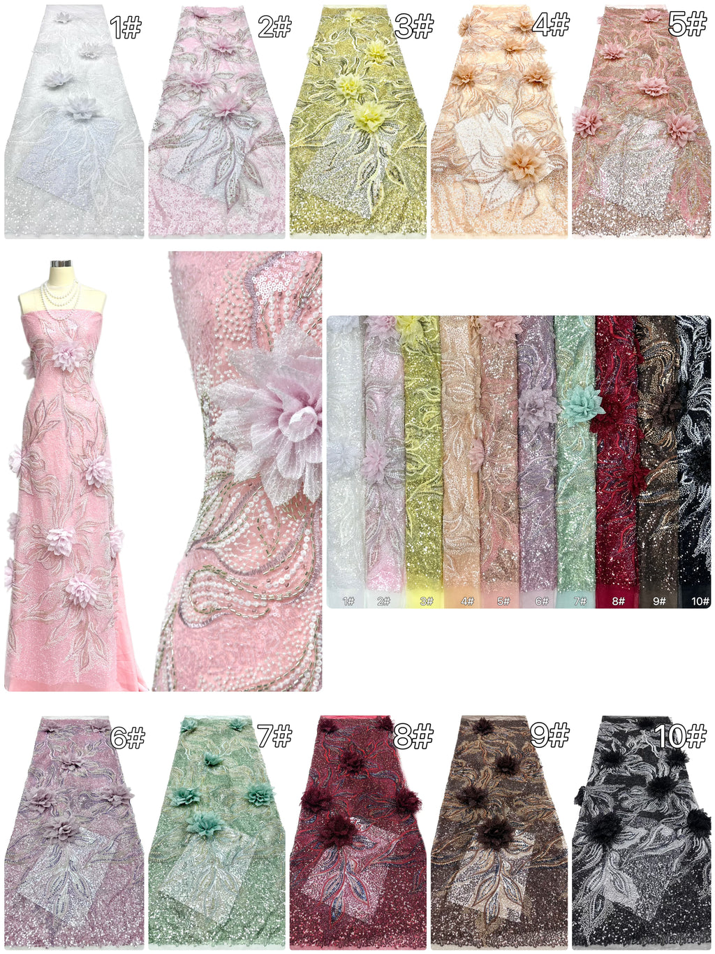 BLS6573#	3D Floral Sequined Beaded Embroidered Tulle Lace Fabric Large Floral Leaf Vine for Wedding Dresses Evening Gowns