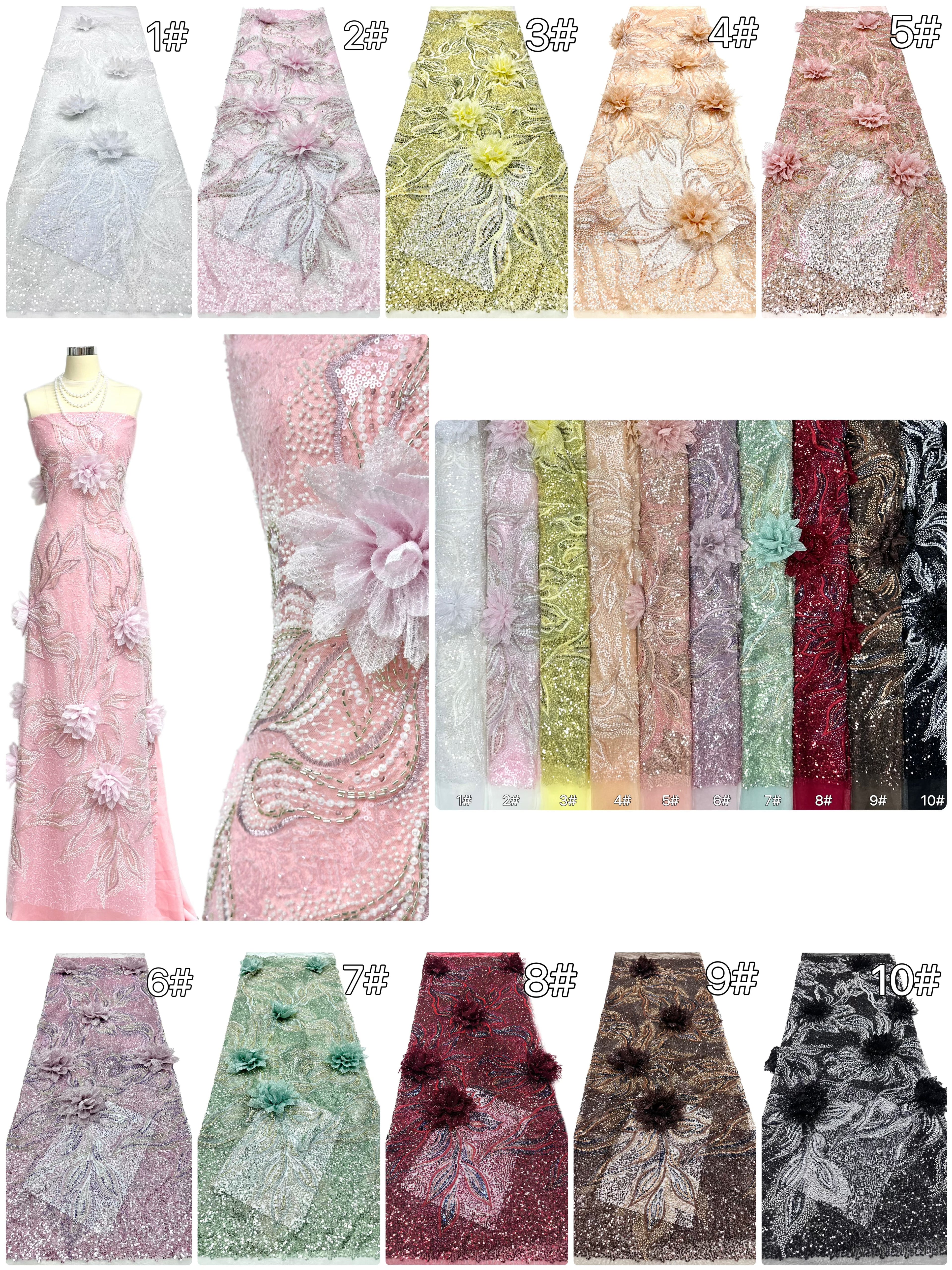 BLS6573#	3D Floral Sequined Beaded Embroidered Tulle Lace Fabric Large Floral Leaf Vine for Wedding Dresses Evening Gowns