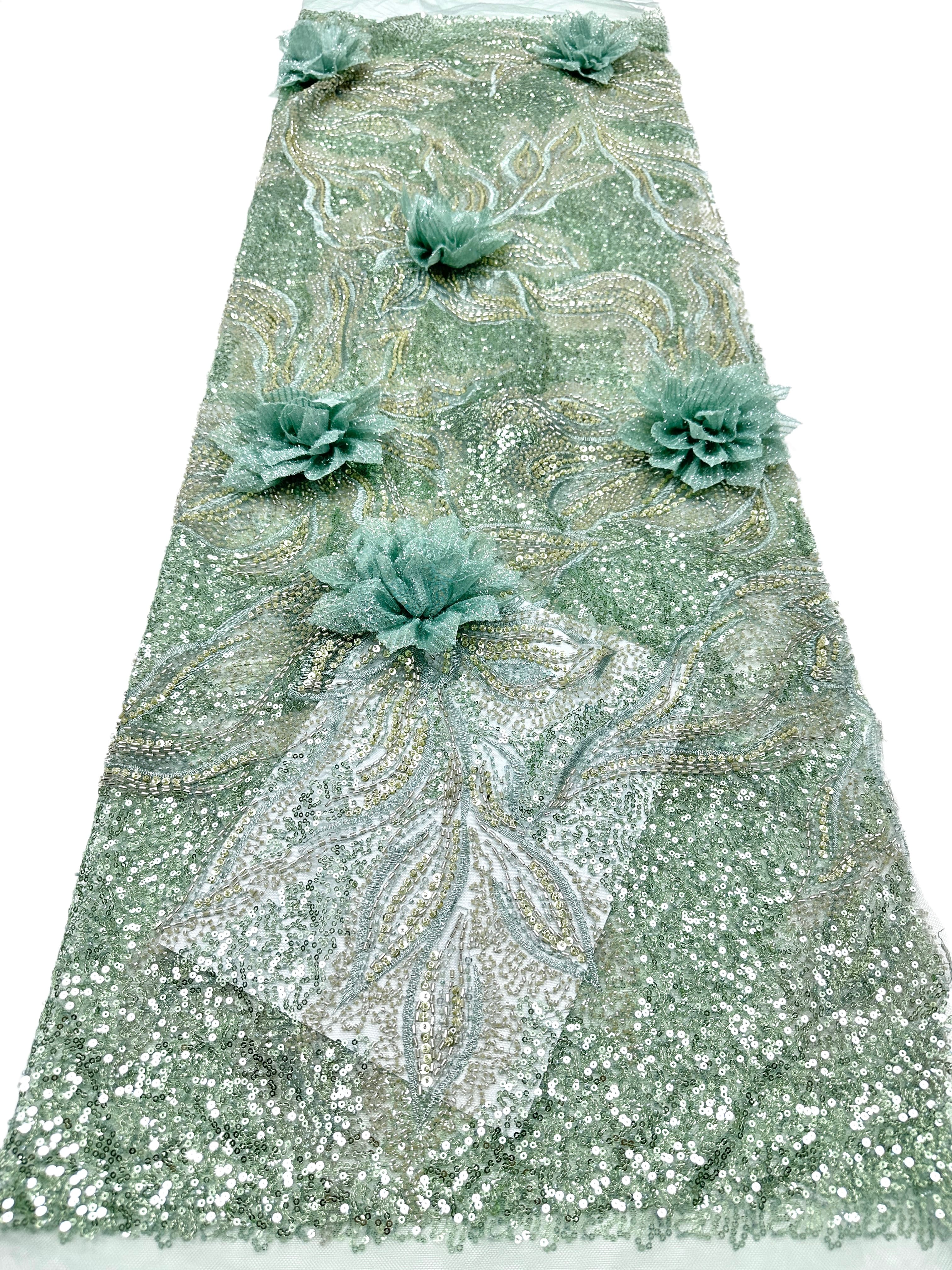 BLS6573#	3D Floral Sequined Beaded Embroidered Tulle Lace Fabric Large Floral Leaf Vine for Wedding Dresses Evening Gowns