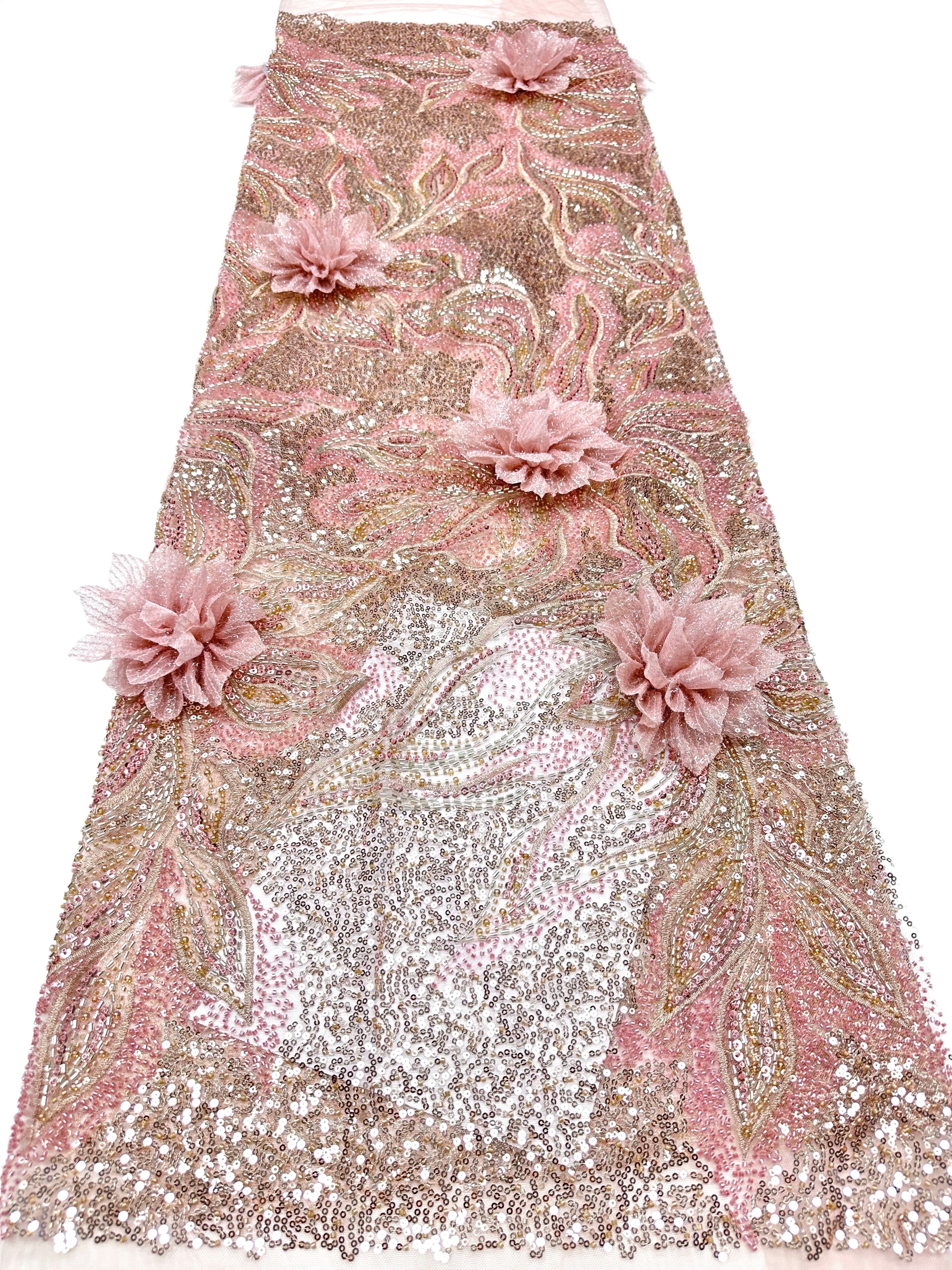BLS6573#	3D Floral Sequined Beaded Embroidered Tulle Lace Fabric Large Floral Leaf Vine for Wedding Dresses Evening Gowns