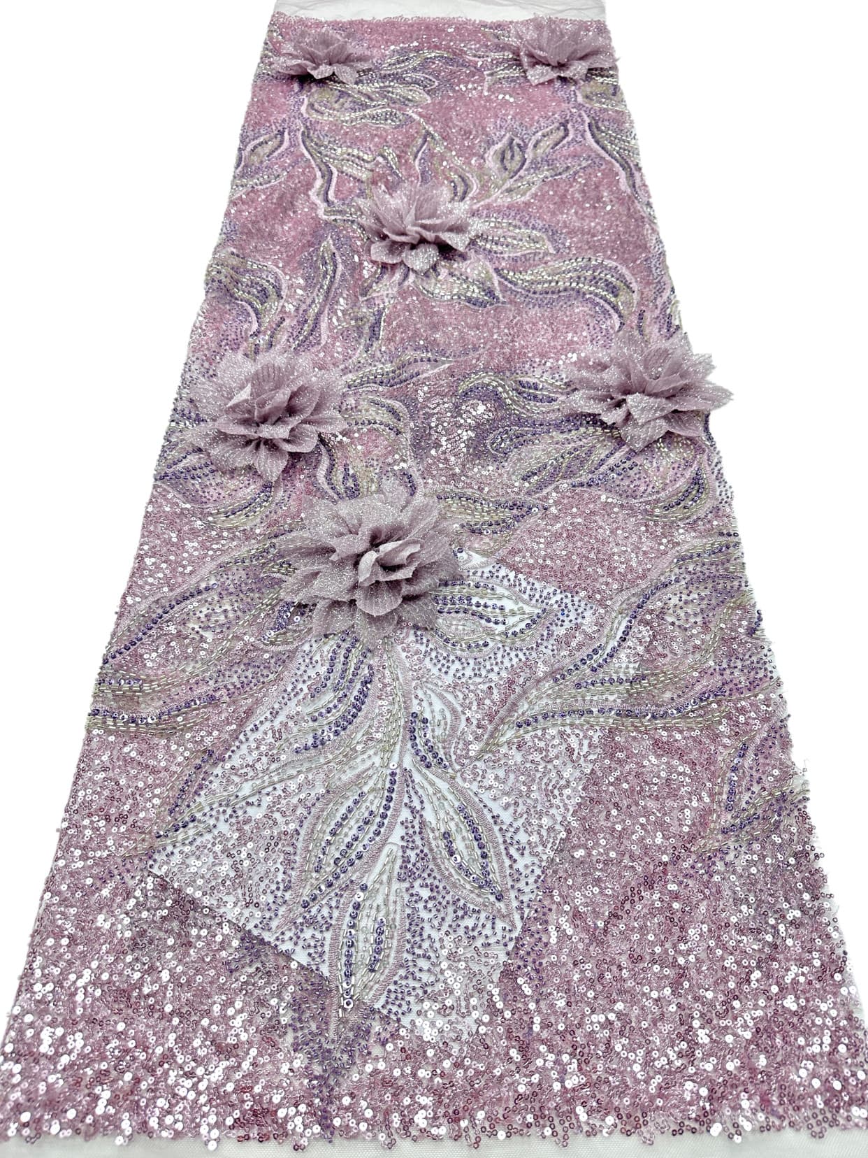 BLS6573#	3D Floral Sequined Beaded Embroidered Tulle Lace Fabric Large Floral Leaf Vine for Wedding Dresses Evening Gowns