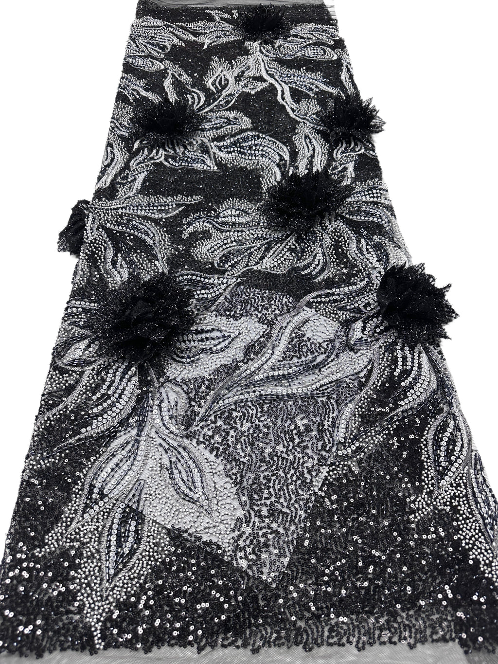 BLS6573#	3D Floral Sequined Beaded Embroidered Tulle Lace Fabric Large Floral Leaf Vine for Wedding Dresses Evening Gowns