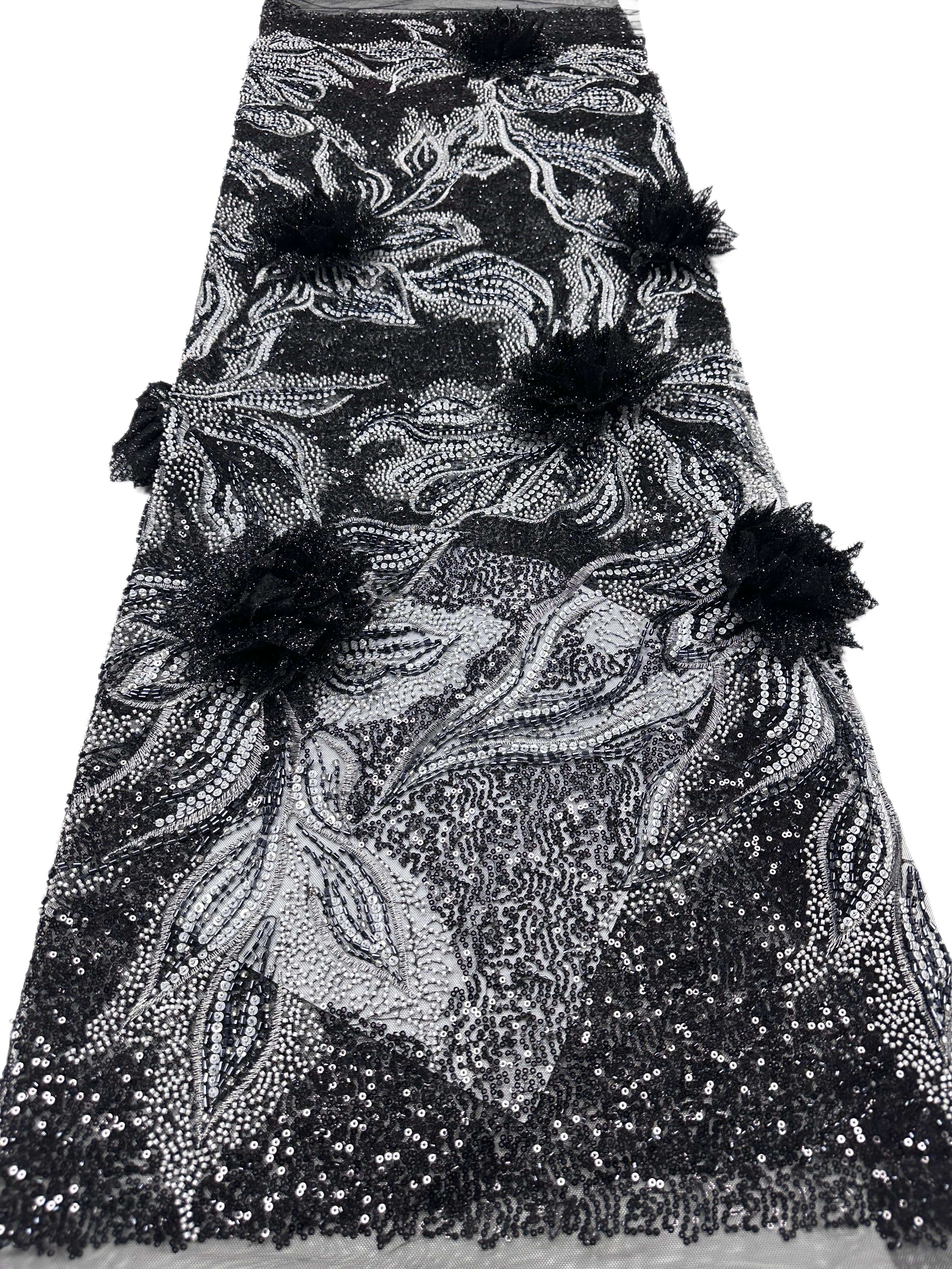 BLS6573#	3D Floral Sequined Beaded Embroidered Tulle Lace Fabric Large Floral Leaf Vine for Wedding Dresses Evening Gowns