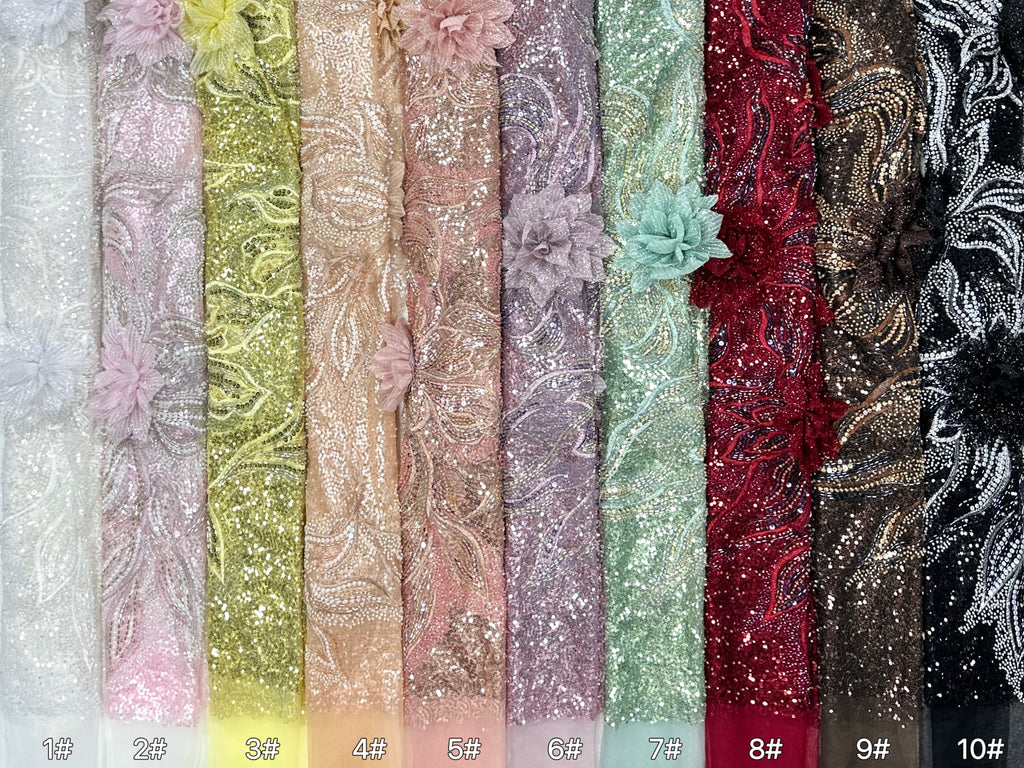 BLS6573#	3D Floral Sequined Beaded Embroidered Tulle Lace Fabric Large Floral Leaf Vine for Wedding Dresses Evening Gowns