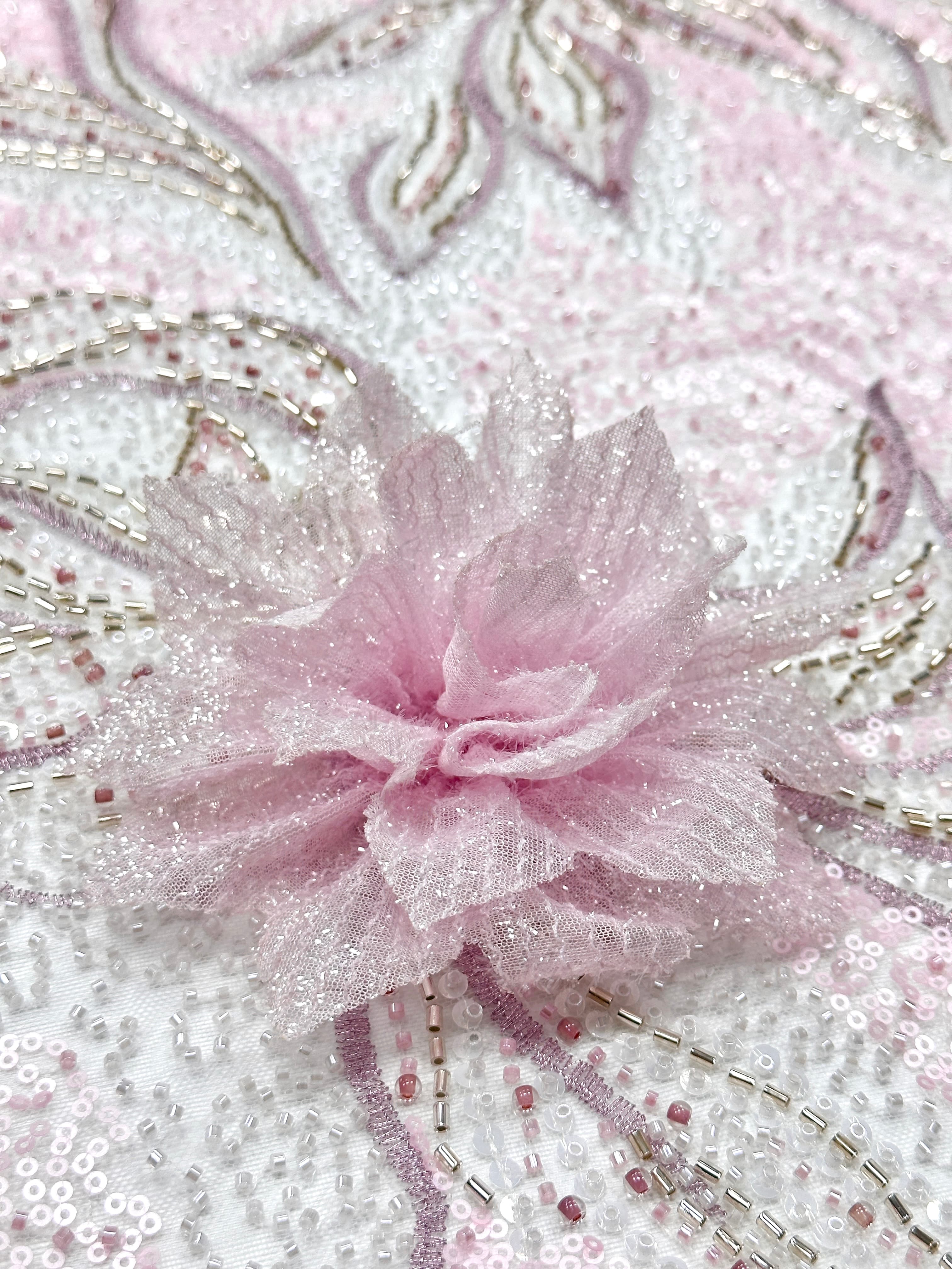 BLS6573#	3D Floral Sequined Beaded Embroidered Tulle Lace Fabric Large Floral Leaf Vine for Wedding Dresses Evening Gowns