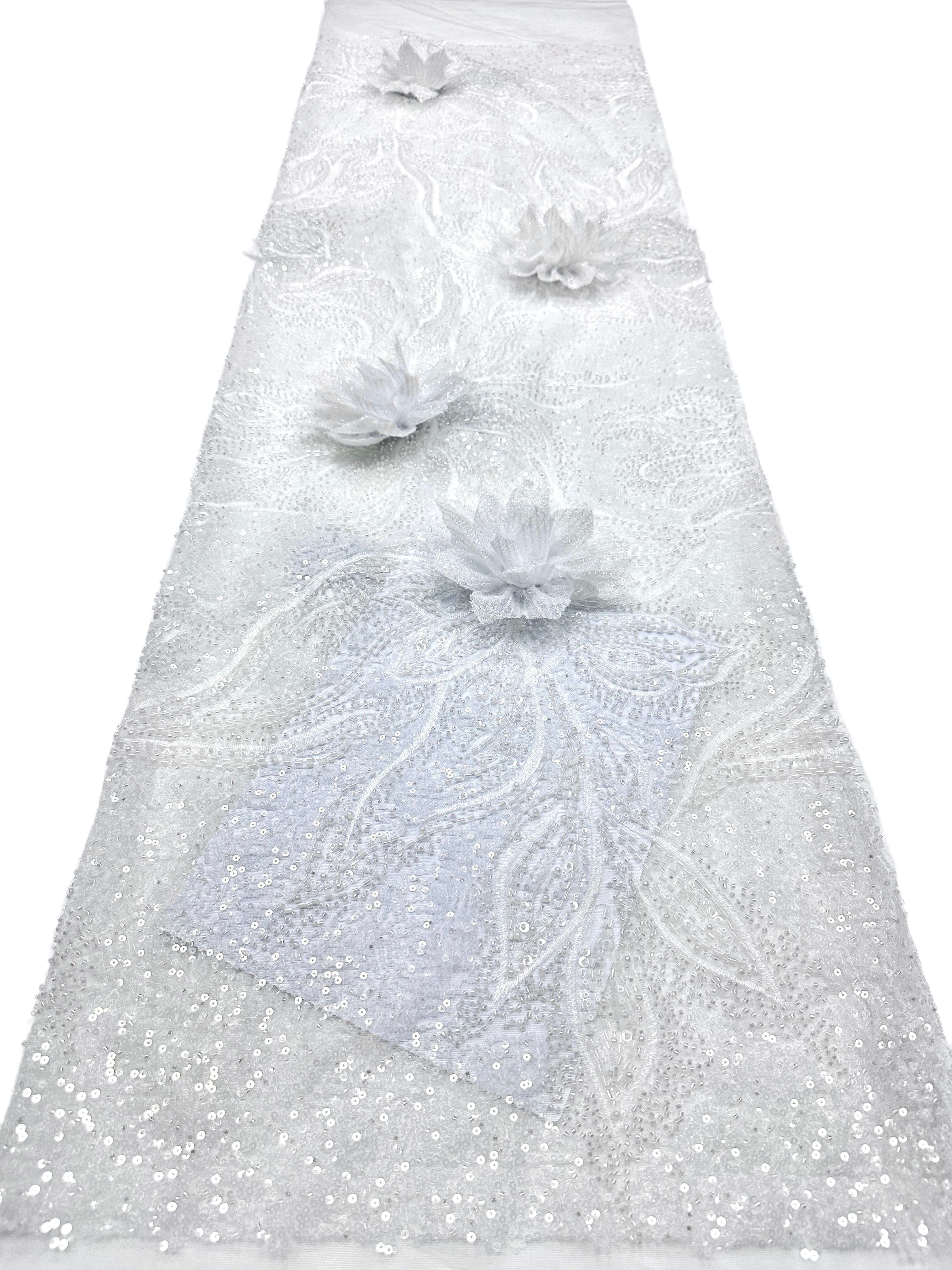 BLS6573#	3D Floral Sequined Beaded Embroidered Tulle Lace Fabric Large Floral Leaf Vine for Wedding Dresses Evening Gowns