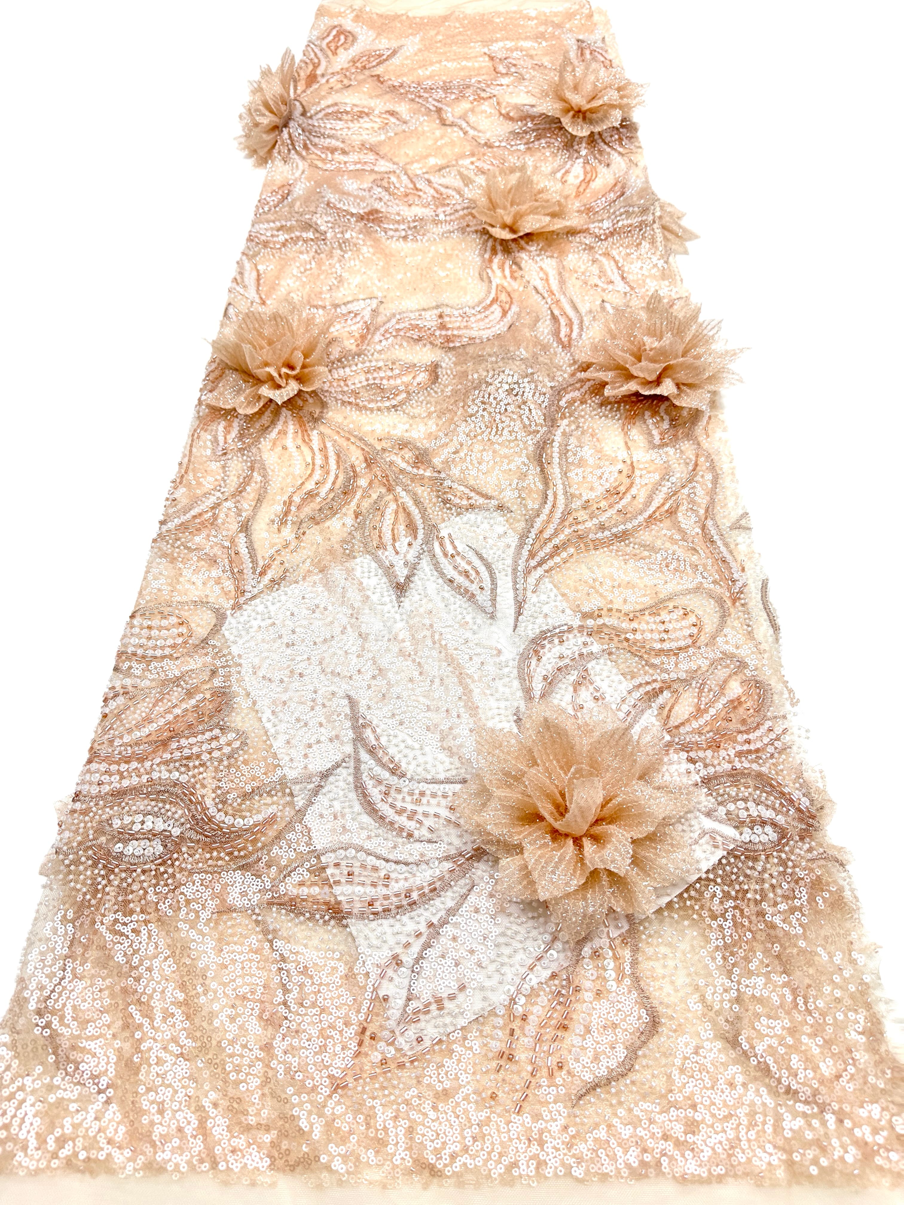 BLS6573#	3D Floral Sequined Beaded Embroidered Tulle Lace Fabric Large Floral Leaf Vine for Wedding Dresses Evening Gowns