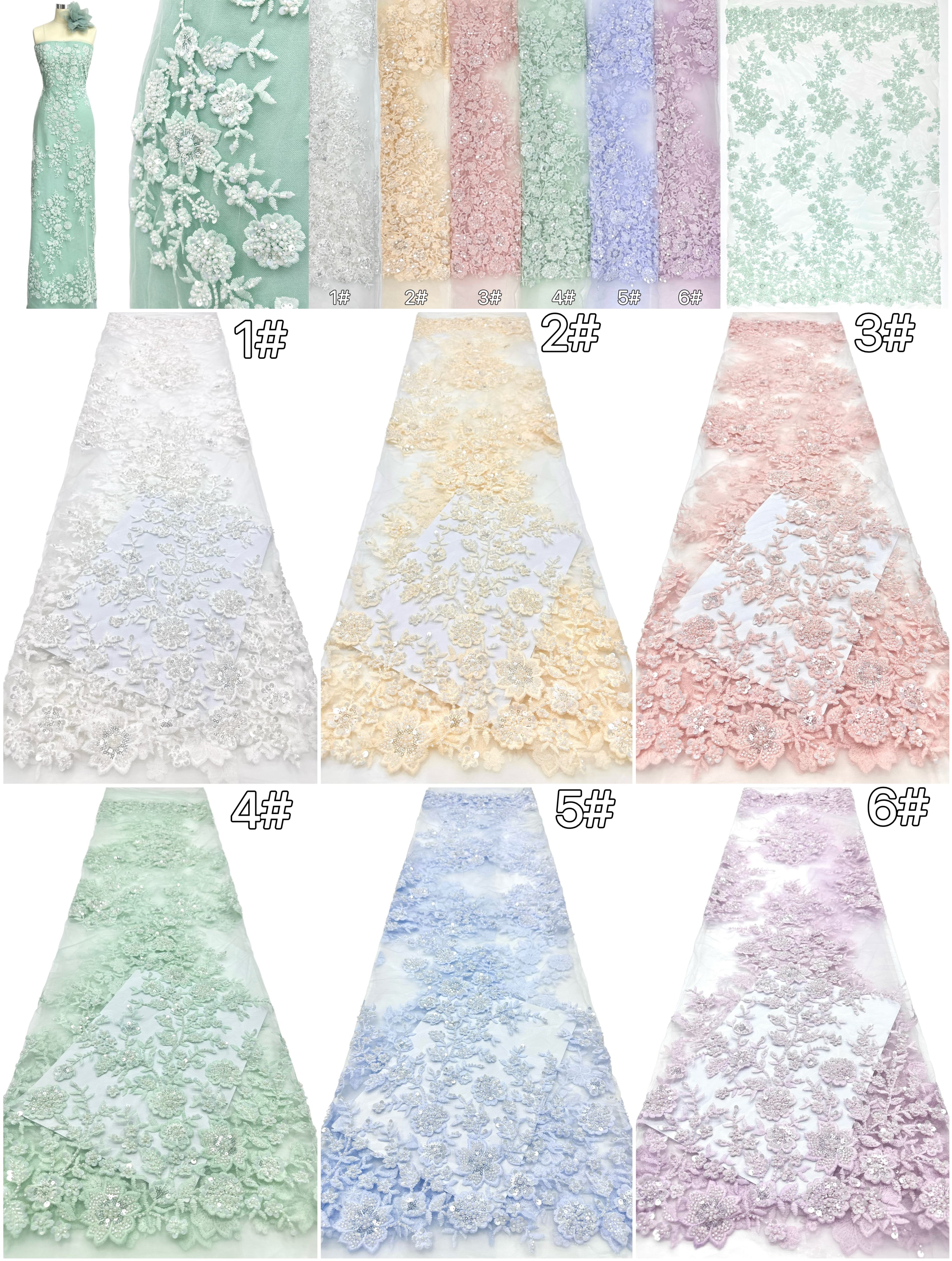 BLS6574#	Beaded Embroidered Border Lace Fabric Botanical Leaf Vine Tulle Lace Fabric for Wedding Dresses Bridal Gowns