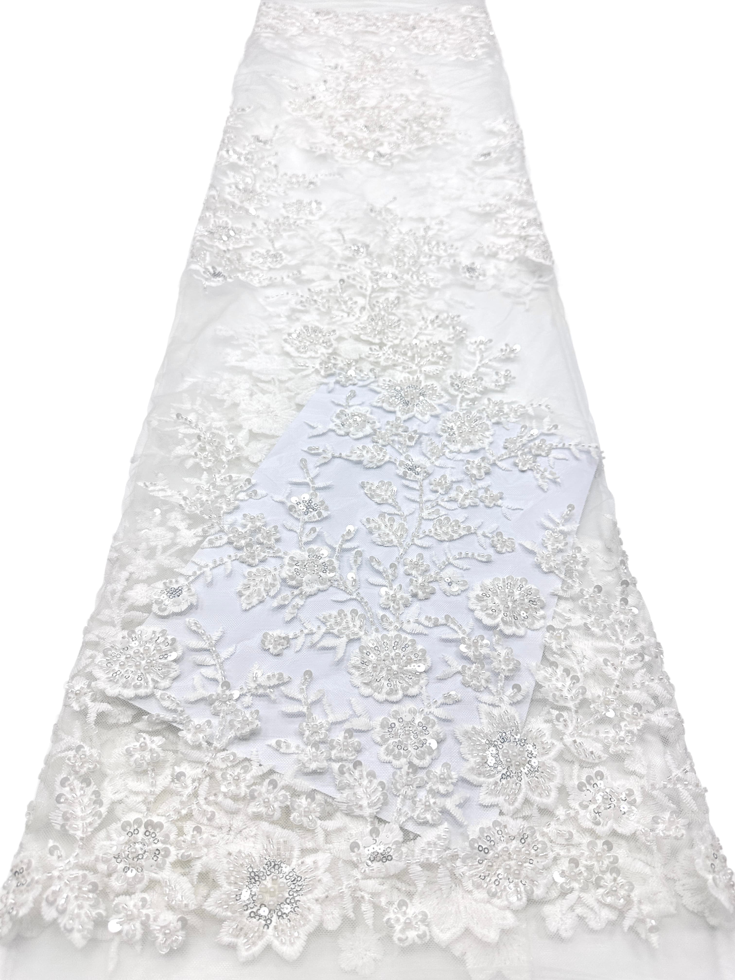 BLS6574#	Beaded Embroidered Border Lace Fabric Botanical Leaf Vine Tulle Lace Fabric for Wedding Dresses Bridal Gowns