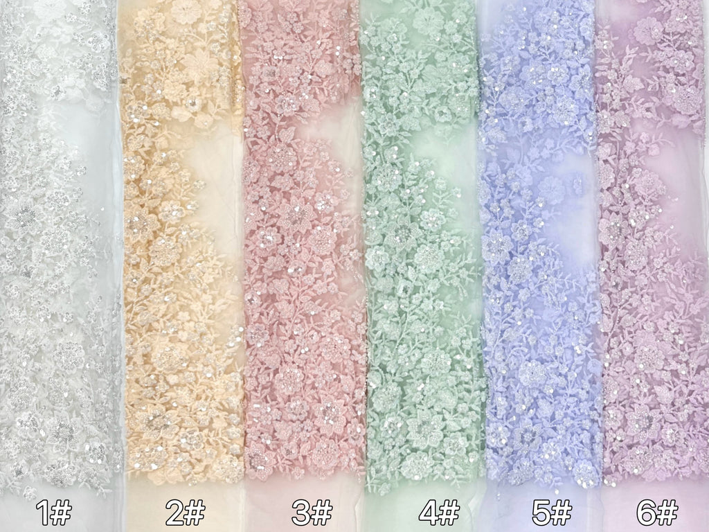 BLS6574#	Beaded Embroidered Border Lace Fabric Botanical Leaf Vine Tulle Lace Fabric for Wedding Dresses Bridal Gowns