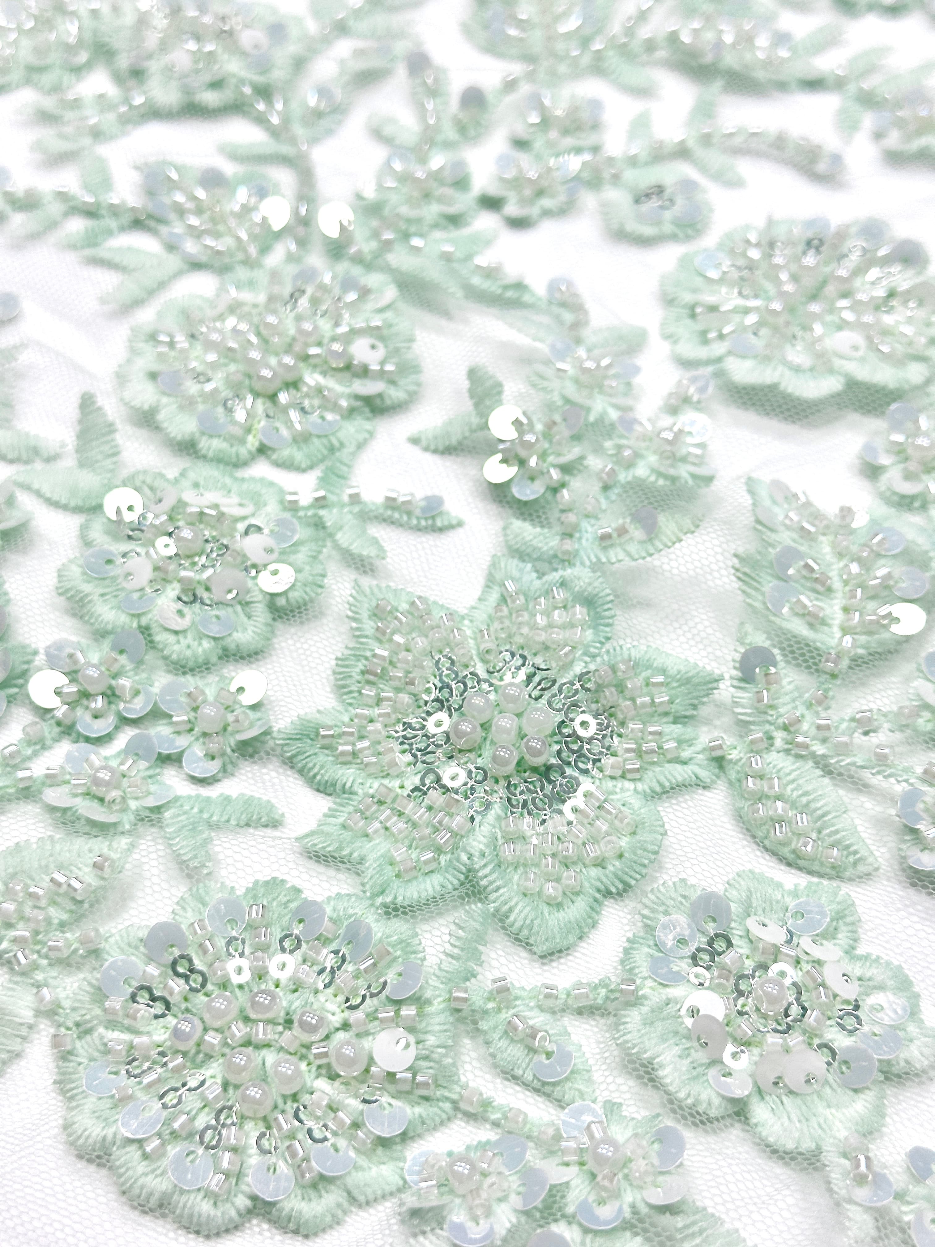 BLS6574#	Beaded Embroidered Border Lace Fabric Botanical Leaf Vine Tulle Lace Fabric for Wedding Dresses Bridal Gowns