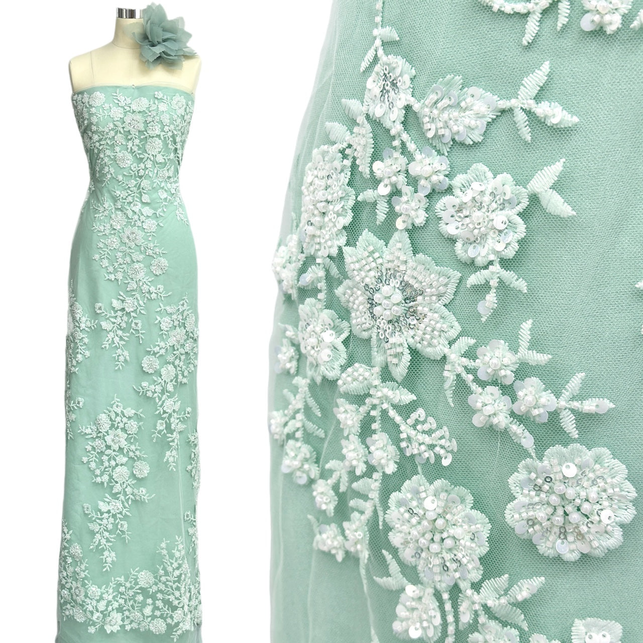 BLS6574#	Beaded Embroidered Border Lace Fabric Botanical Leaf Vine Tulle Lace Fabric for Wedding Dresses Bridal Gowns