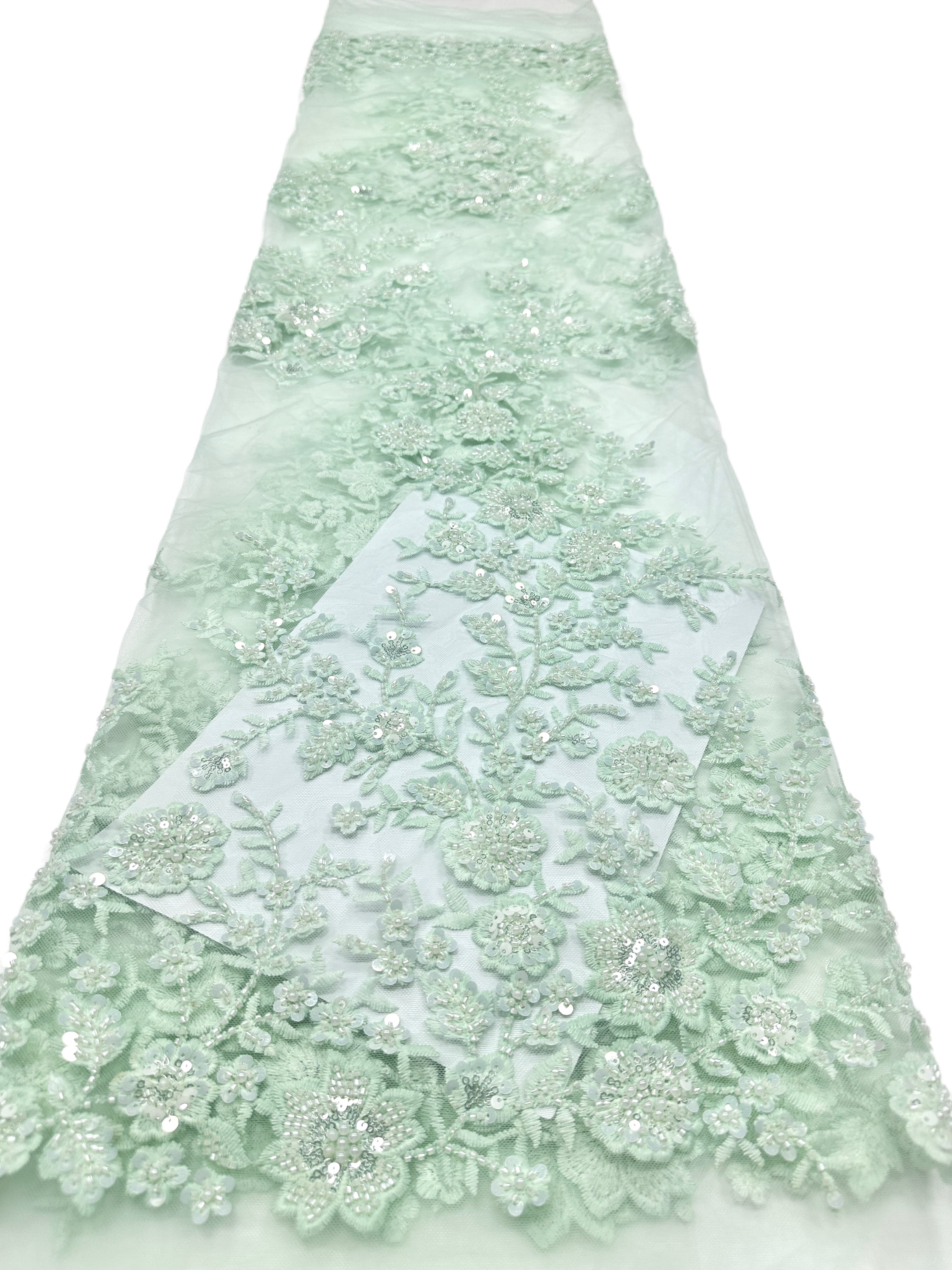 BLS6574#	Beaded Embroidered Border Lace Fabric Botanical Leaf Vine Tulle Lace Fabric for Wedding Dresses Bridal Gowns
