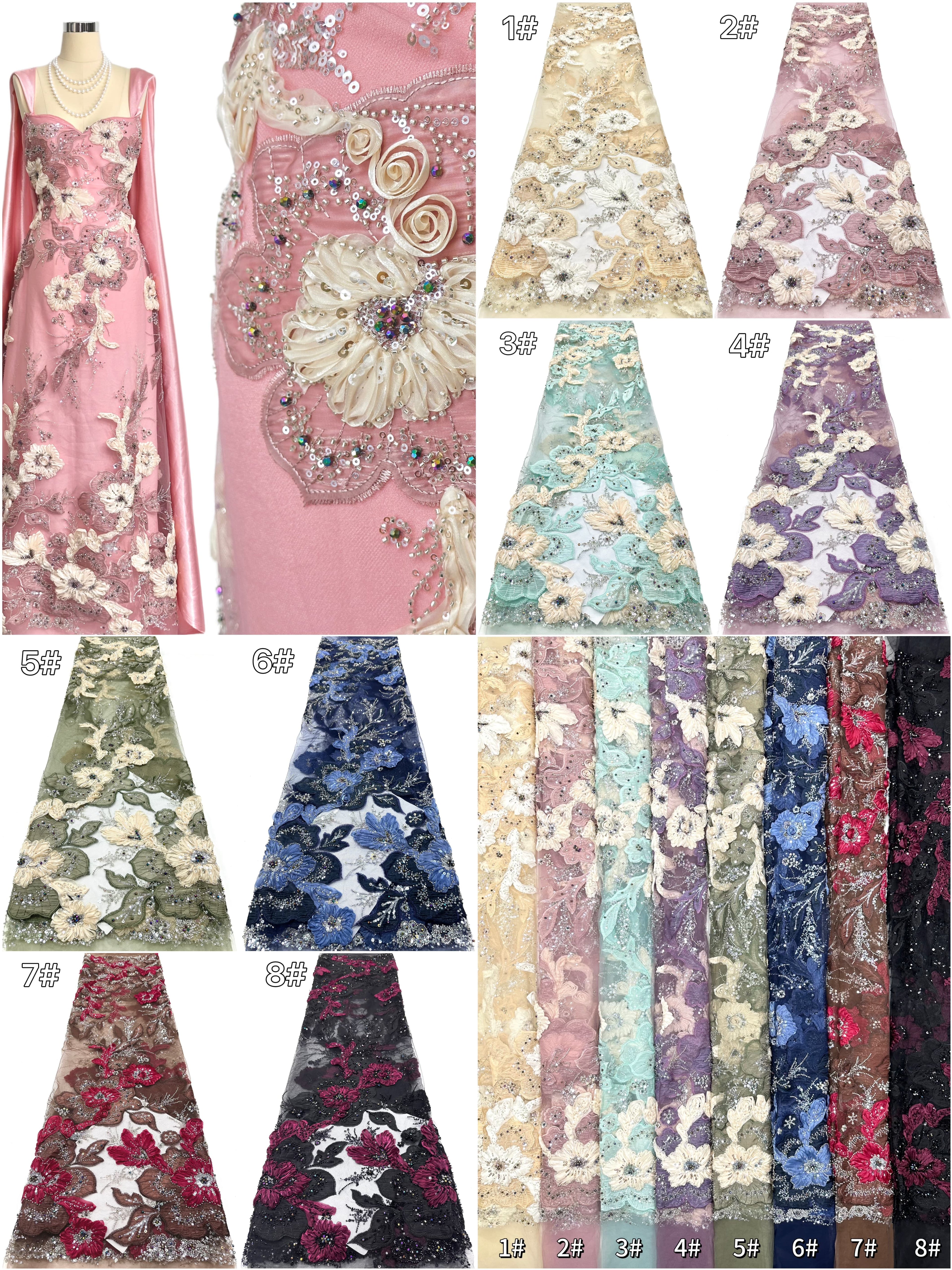 3D Floral Sequined Beaded Border Lace Fabric Embroidered Tulle Lace Fabric Large Floral for Wedding Dresses Bridal Gowns BLS6575#