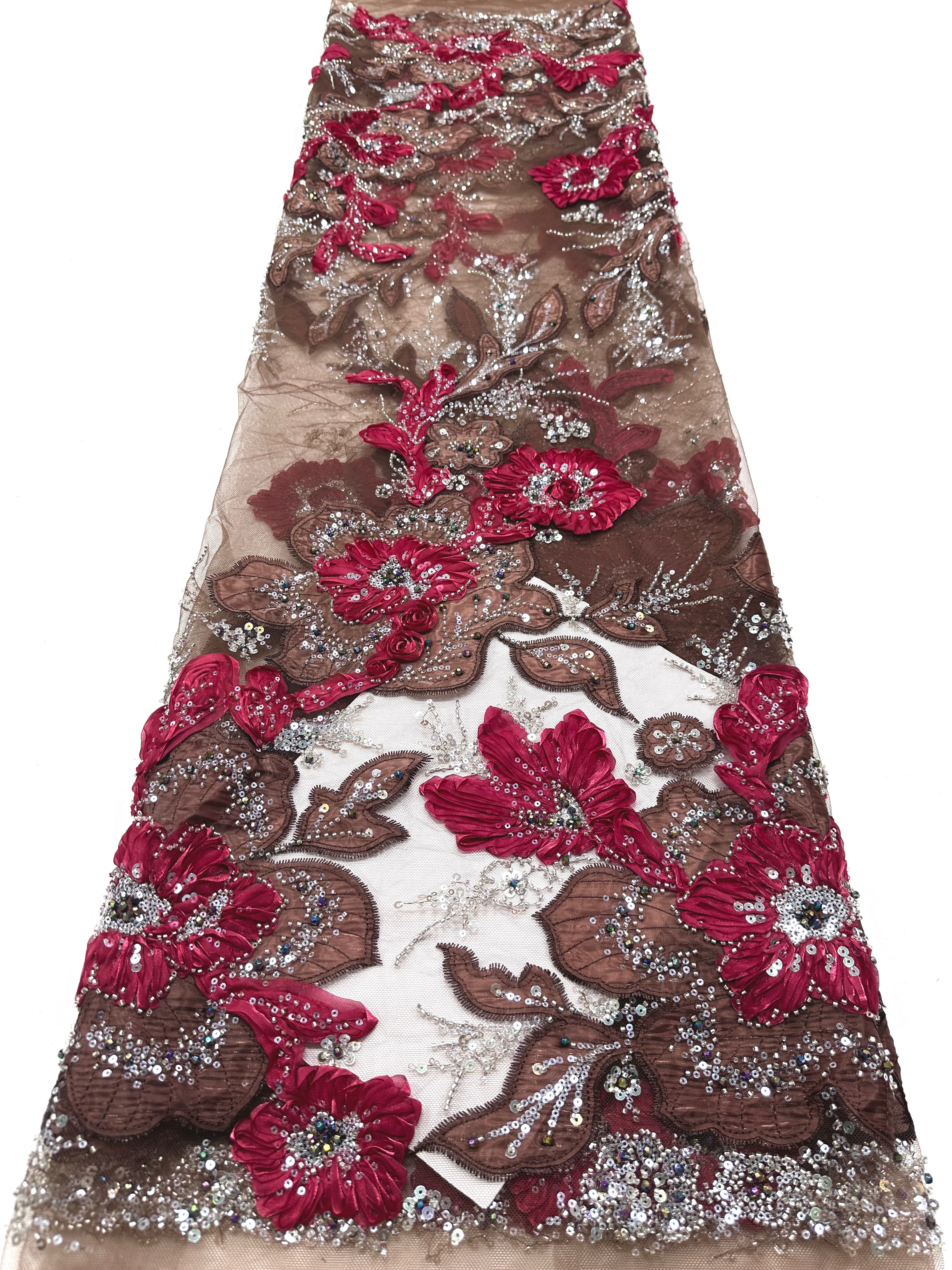 3D Floral Sequined Beaded Border Lace Fabric Embroidered Tulle Lace Fabric Large Floral for Wedding Dresses Bridal Gowns BLS6575#