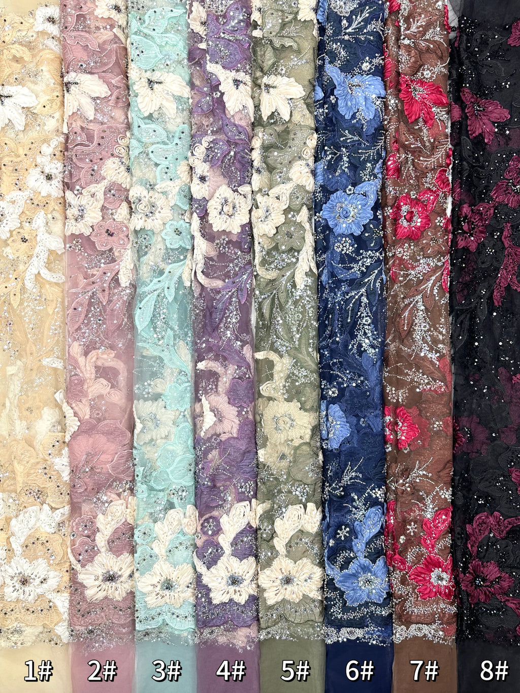 3D Floral Sequined Beaded Border Lace Fabric Embroidered Tulle Lace Fabric Large Floral for Wedding Dresses Bridal Gowns BLS6575#