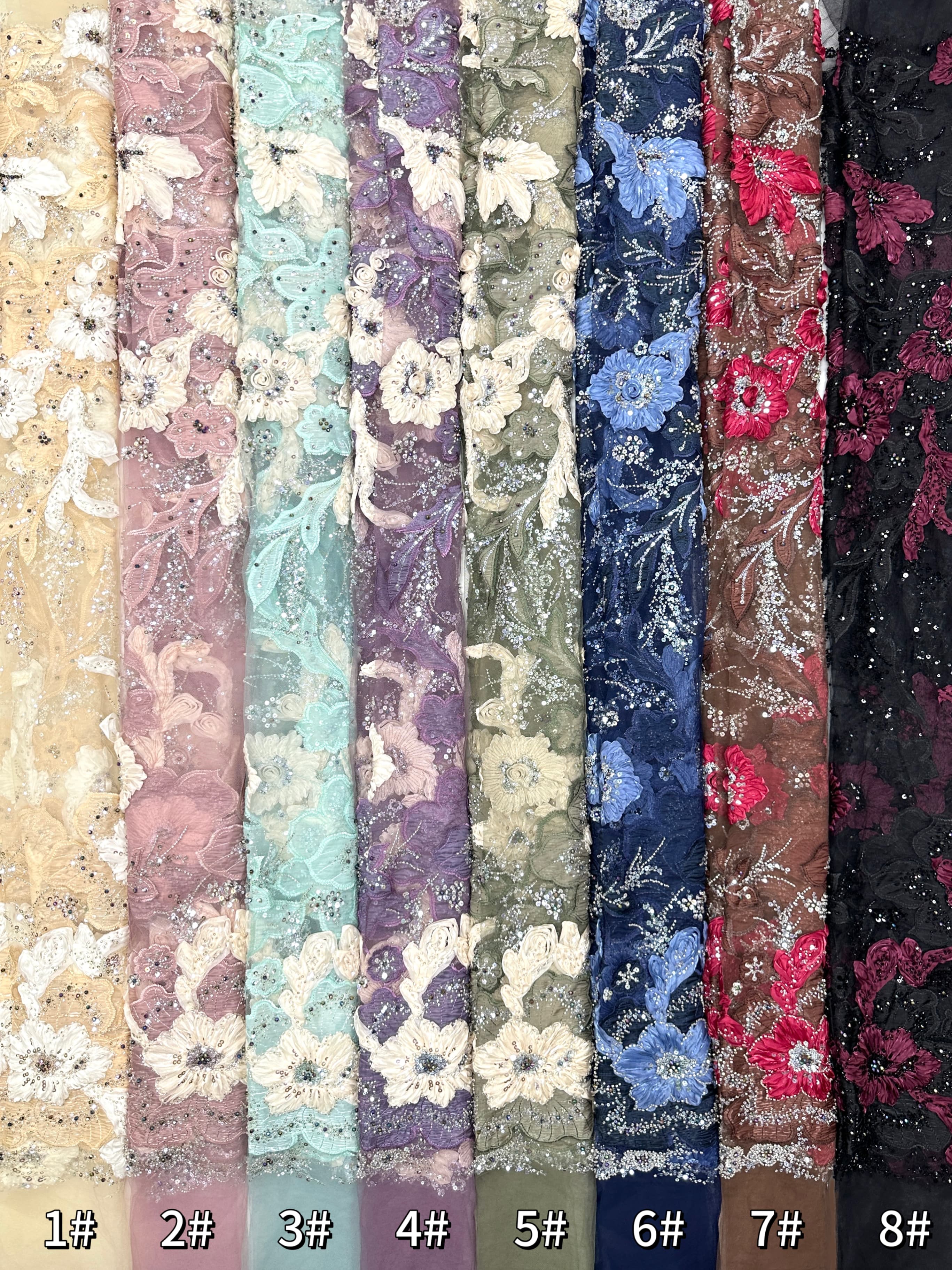 3D Floral Sequined Beaded Border Lace Fabric Embroidered Tulle Lace Fabric Large Floral for Wedding Dresses Bridal Gowns BLS6575#
