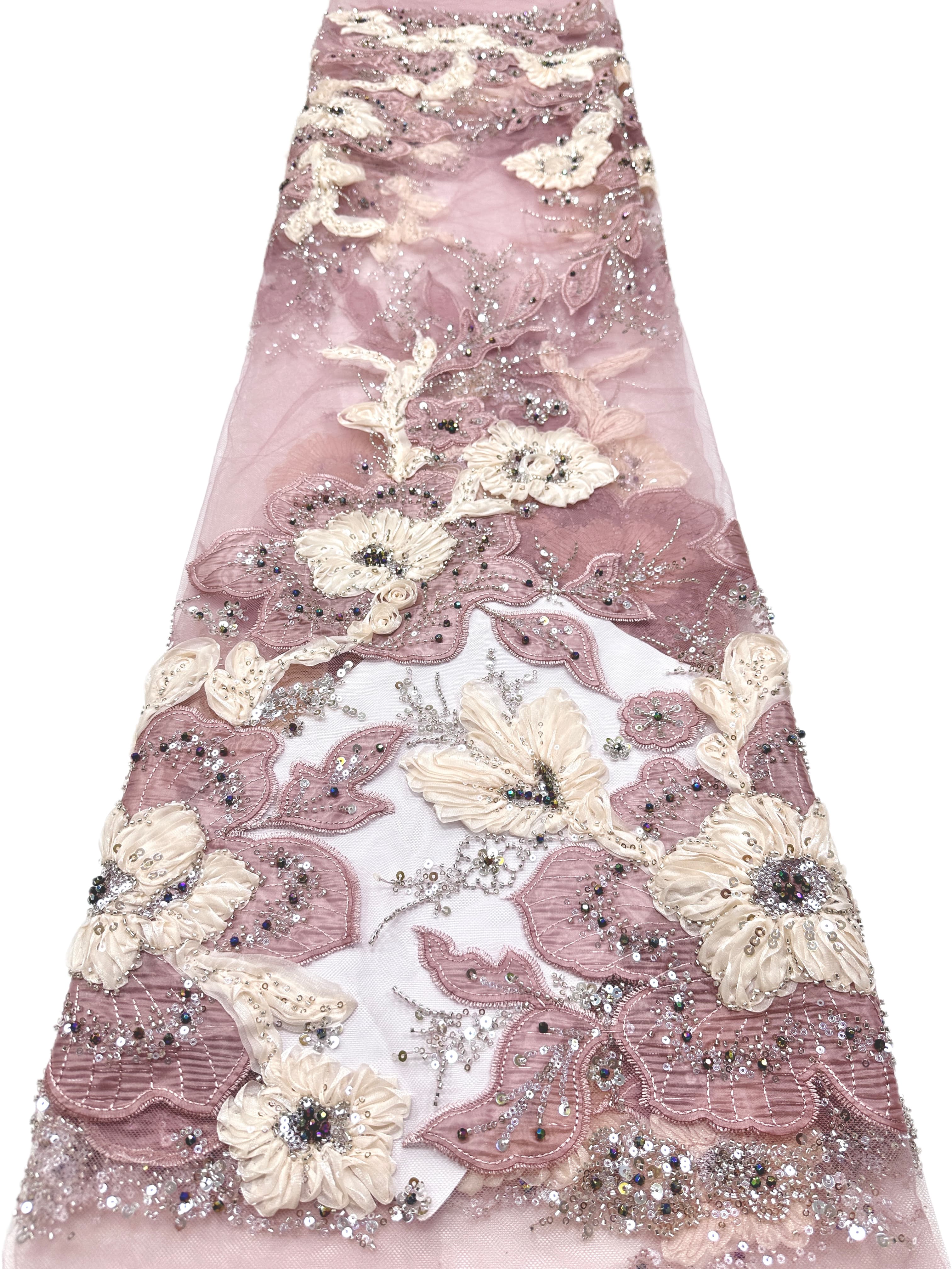 3D Floral Sequined Beaded Border Lace Fabric Embroidered Tulle Lace Fabric Large Floral for Wedding Dresses Bridal Gowns BLS6575#