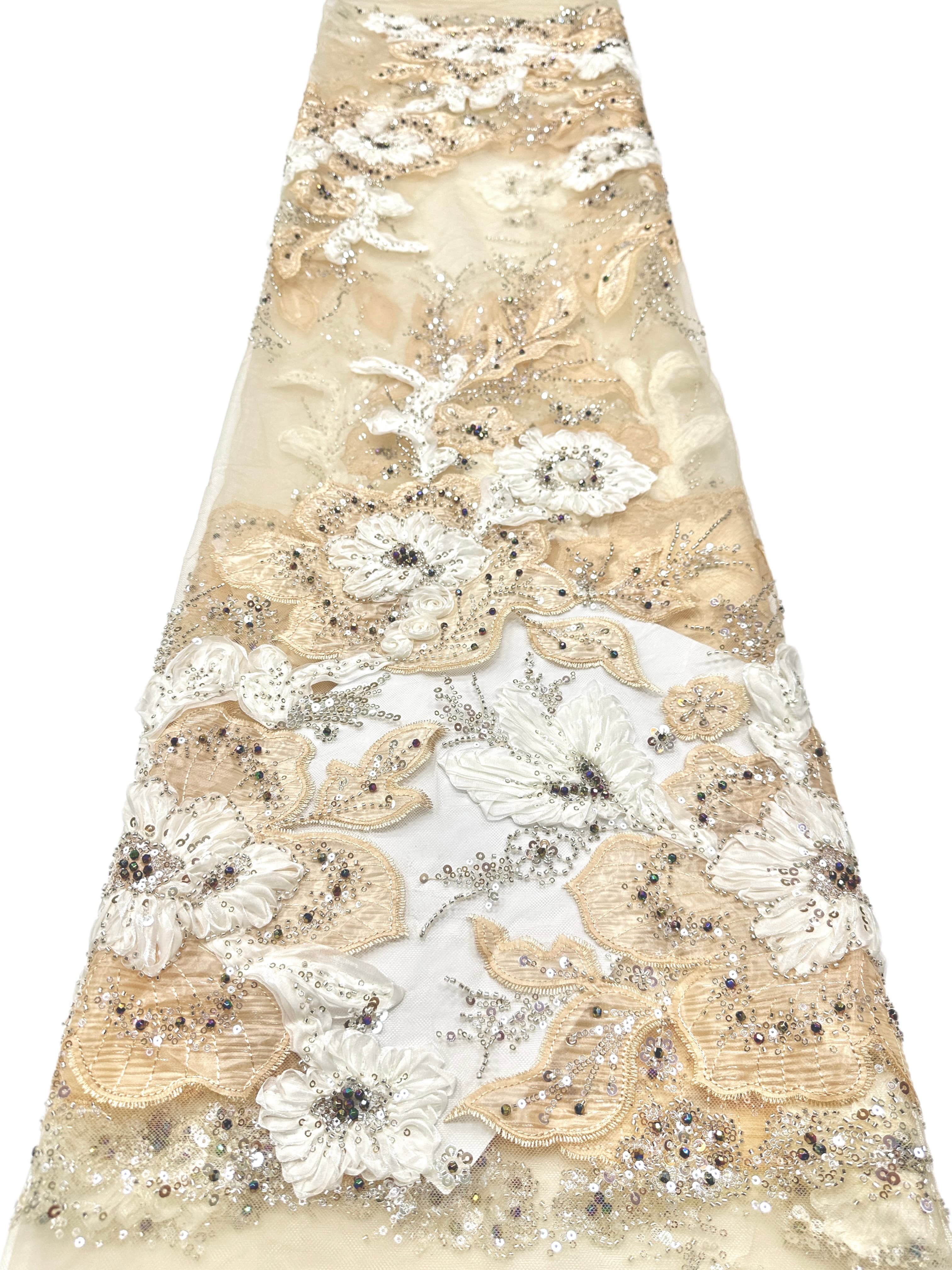 3D Floral Sequined Beaded Border Lace Fabric Embroidered Tulle Lace Fabric Large Floral for Wedding Dresses Bridal Gowns BLS6575#