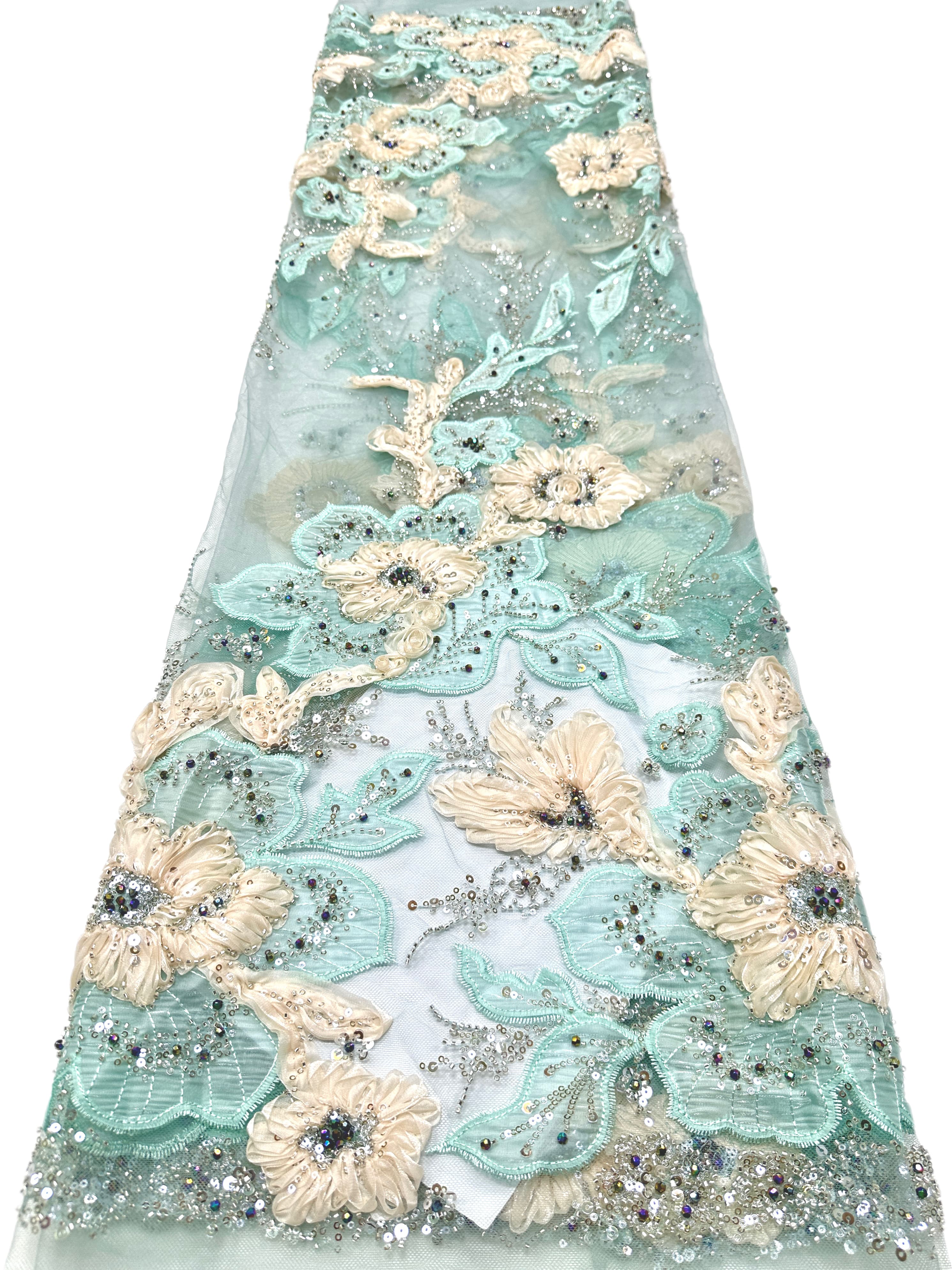 3D Floral Sequined Beaded Border Lace Fabric Embroidered Tulle Lace Fabric Large Floral for Wedding Dresses Bridal Gowns BLS6575#