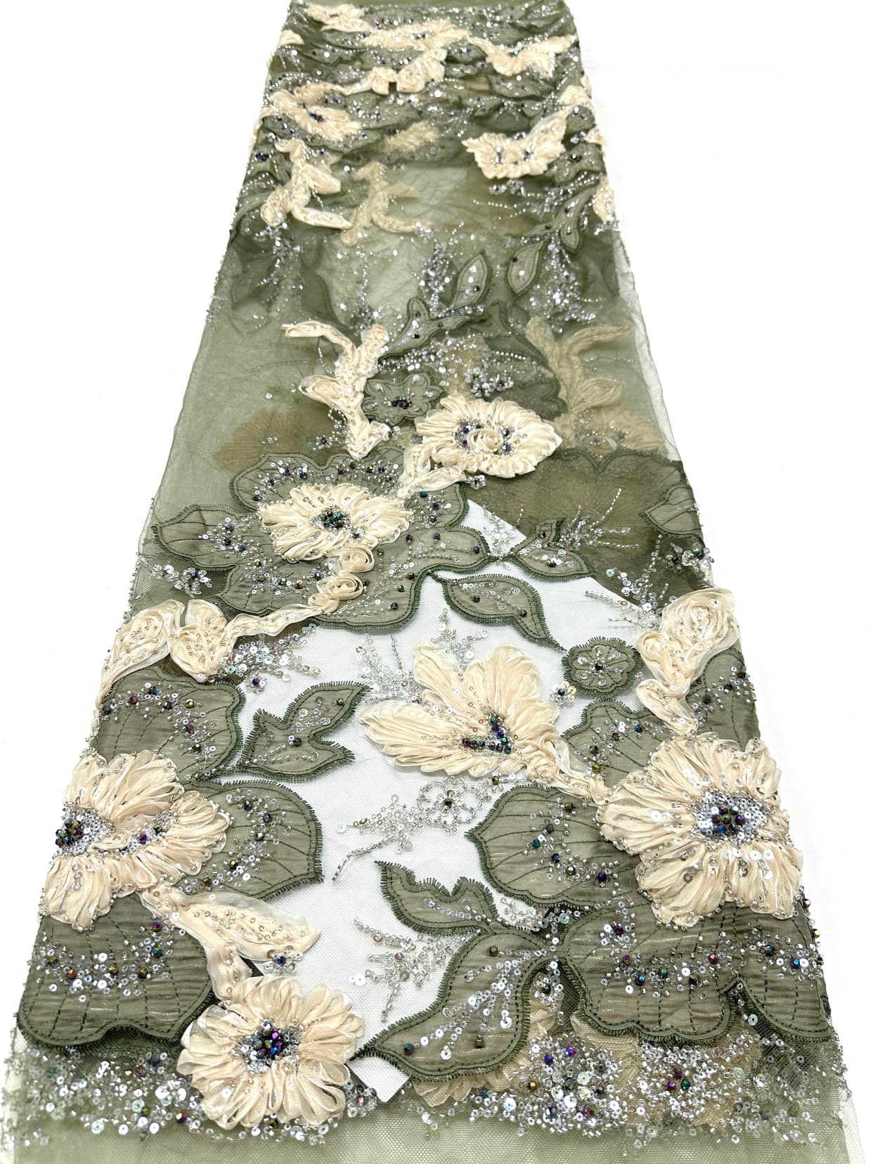 3D Floral Sequined Beaded Border Lace Fabric Embroidered Tulle Lace Fabric Large Floral for Wedding Dresses Bridal Gowns BLS6575#
