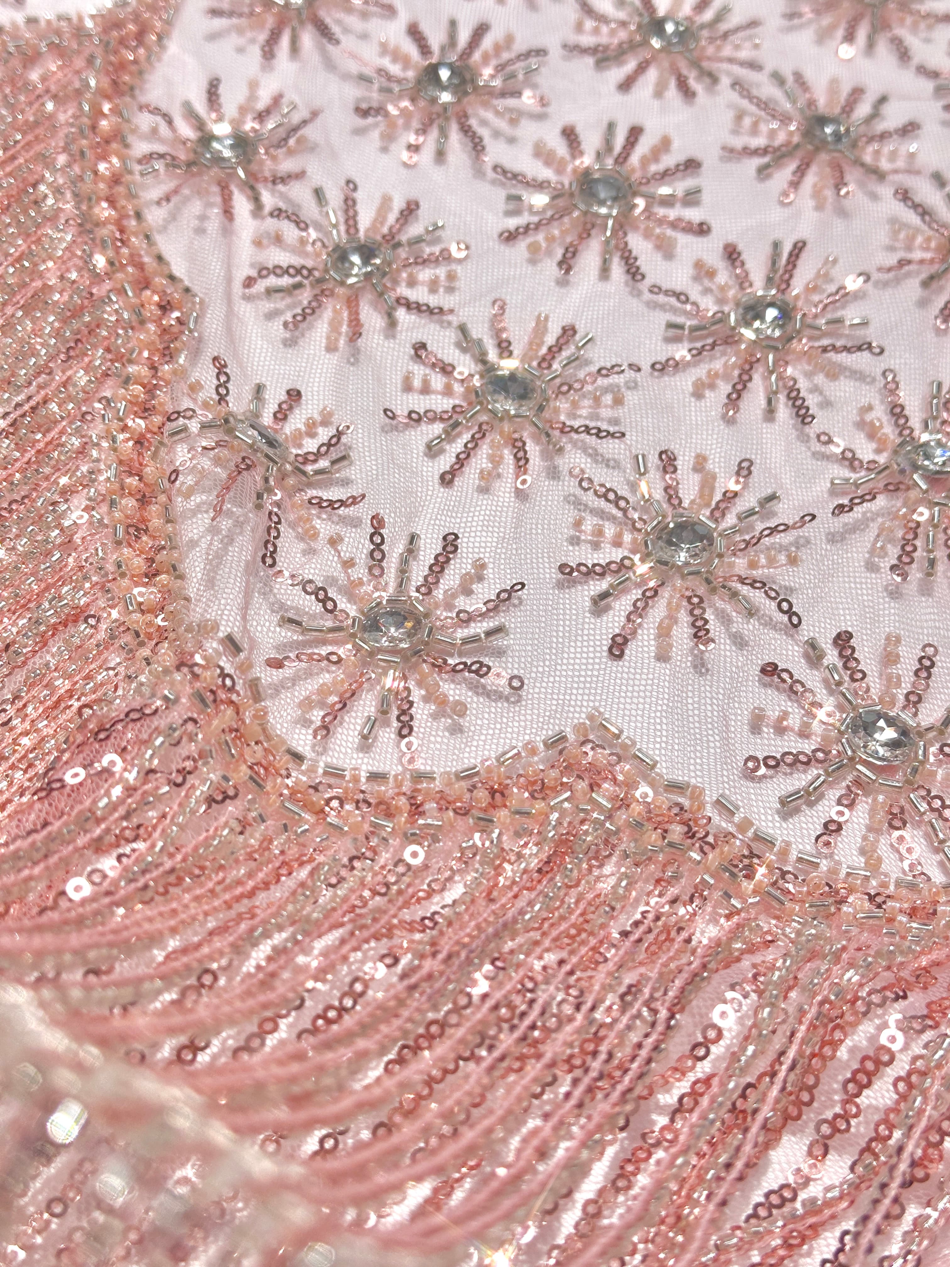 BLS6576#	Sequined Beaded Embroidered Border Tulle Lace Fabric Geometric Scalloped Fringe Detail for Evening Gowns Party Dresses