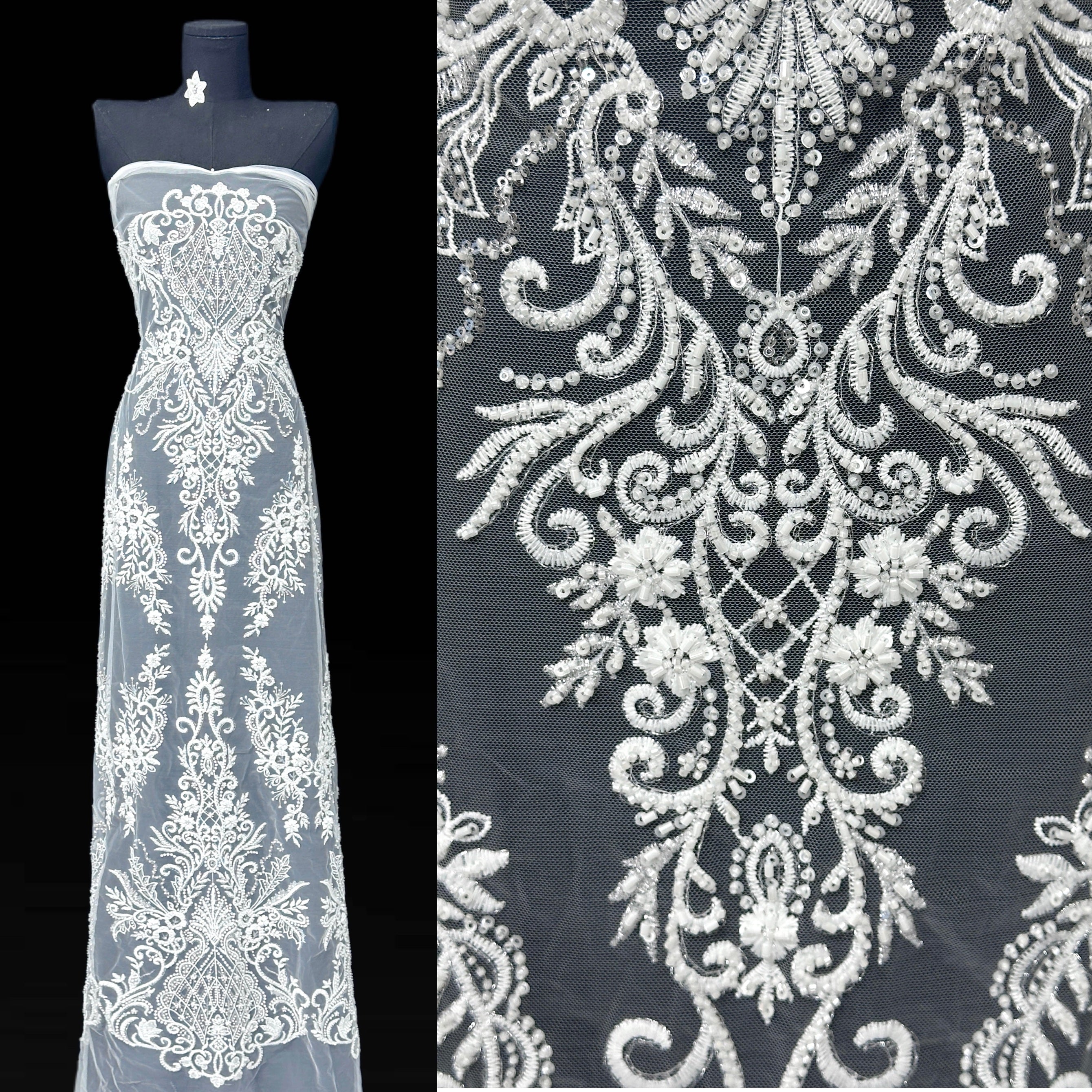 BLS6577#	Baroque Guipure Embroidered Beaded Border Lace Fabric Tulle Lace Fabric Botanical Pattern for Wedding Dresses Bridal Gowns