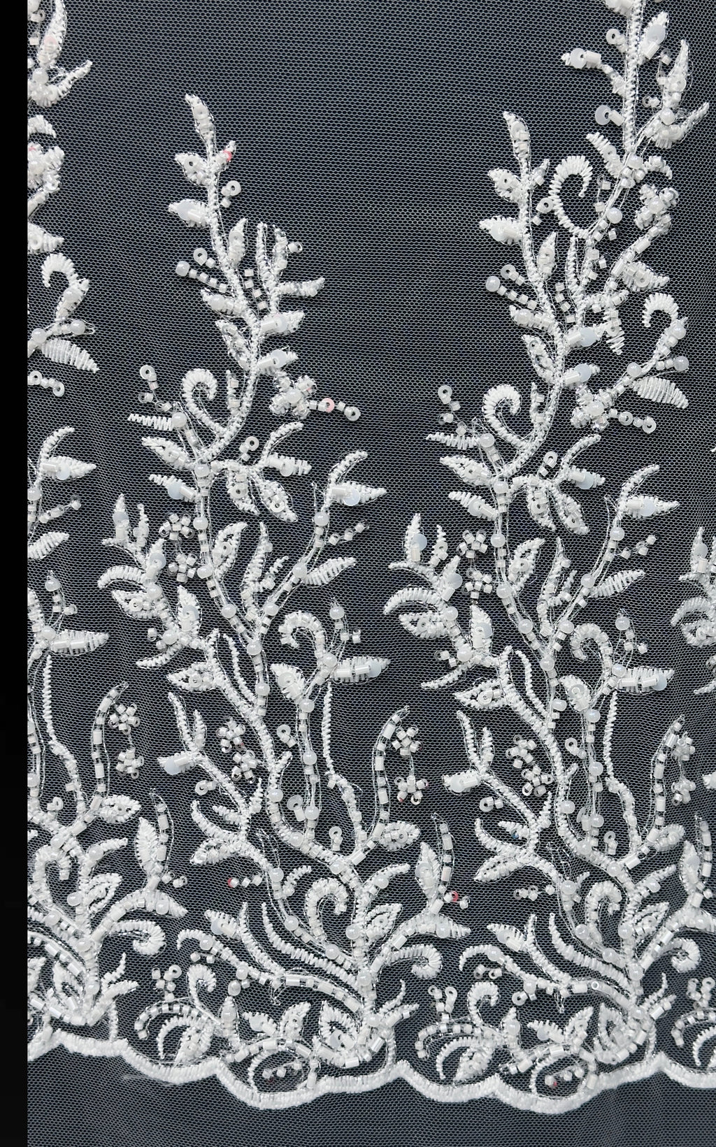 BLS6578#	Beaded Embroidered Border Lace Fabric Leaf Vine Sequined Tulle Lace with Scalloped Edge for Wedding Dresses