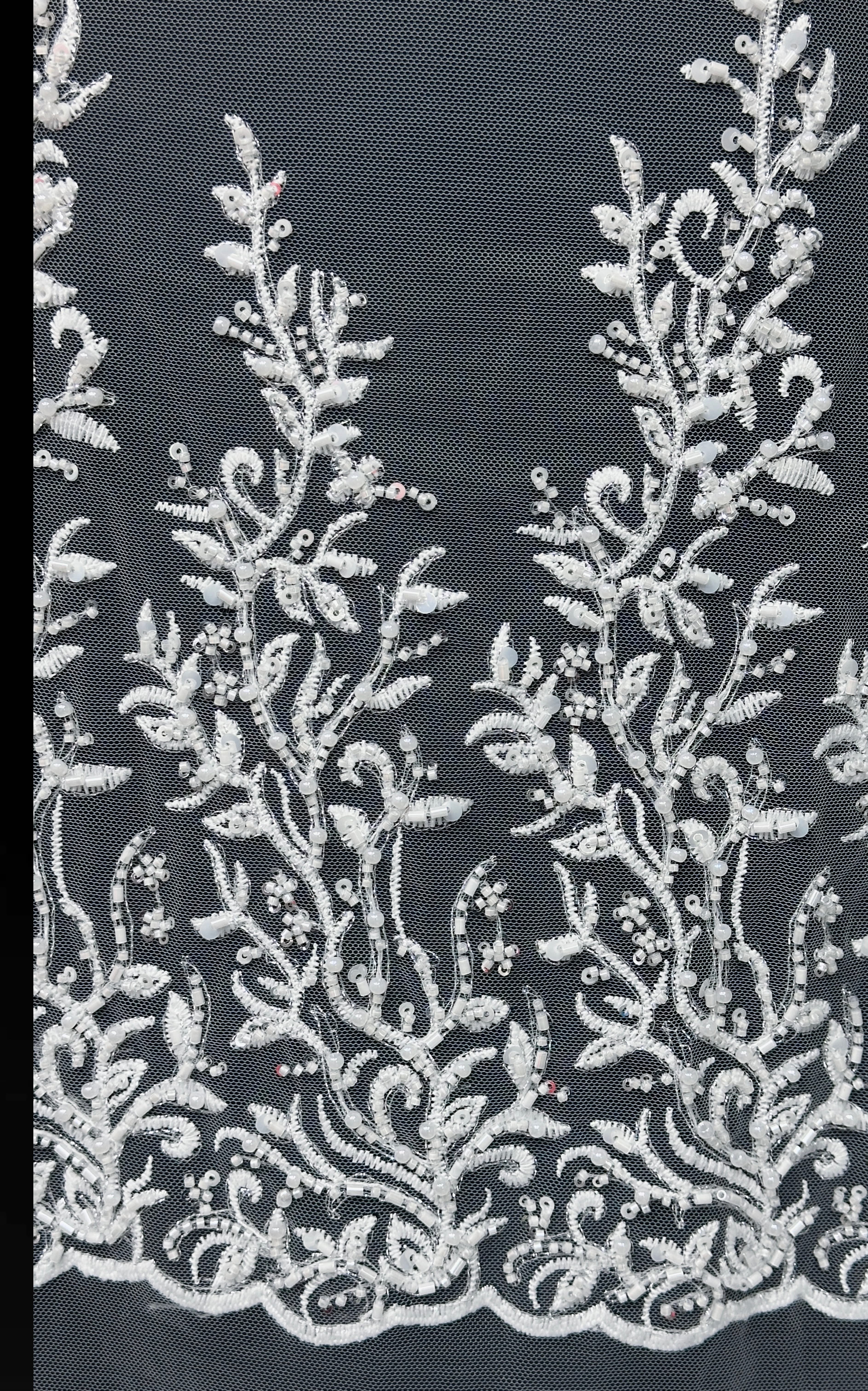 BLS6578#	Beaded Embroidered Border Lace Fabric Leaf Vine Sequined Tulle Lace with Scalloped Edge for Wedding Dresses