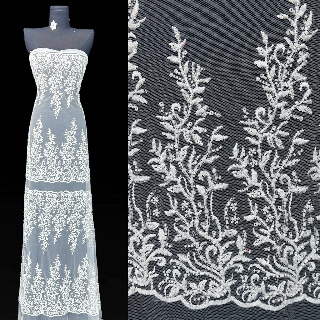 BLS6578#	Beaded Embroidered Border Lace Fabric Leaf Vine Sequined Tulle Lace with Scalloped Edge for Wedding Dresses