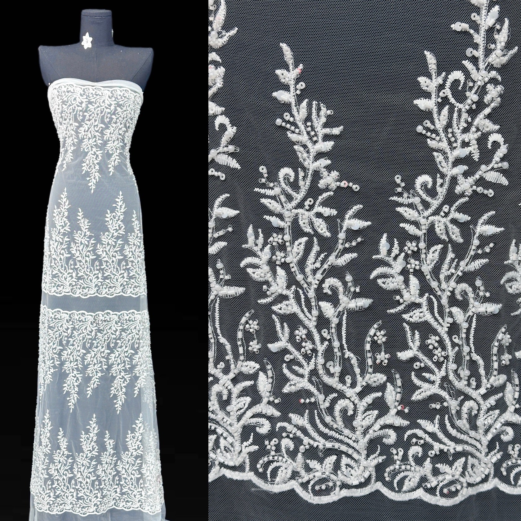 BLS6578#	Beaded Embroidered Border Lace Fabric Leaf Vine Sequined Tulle Lace with Scalloped Edge for Wedding Dresses