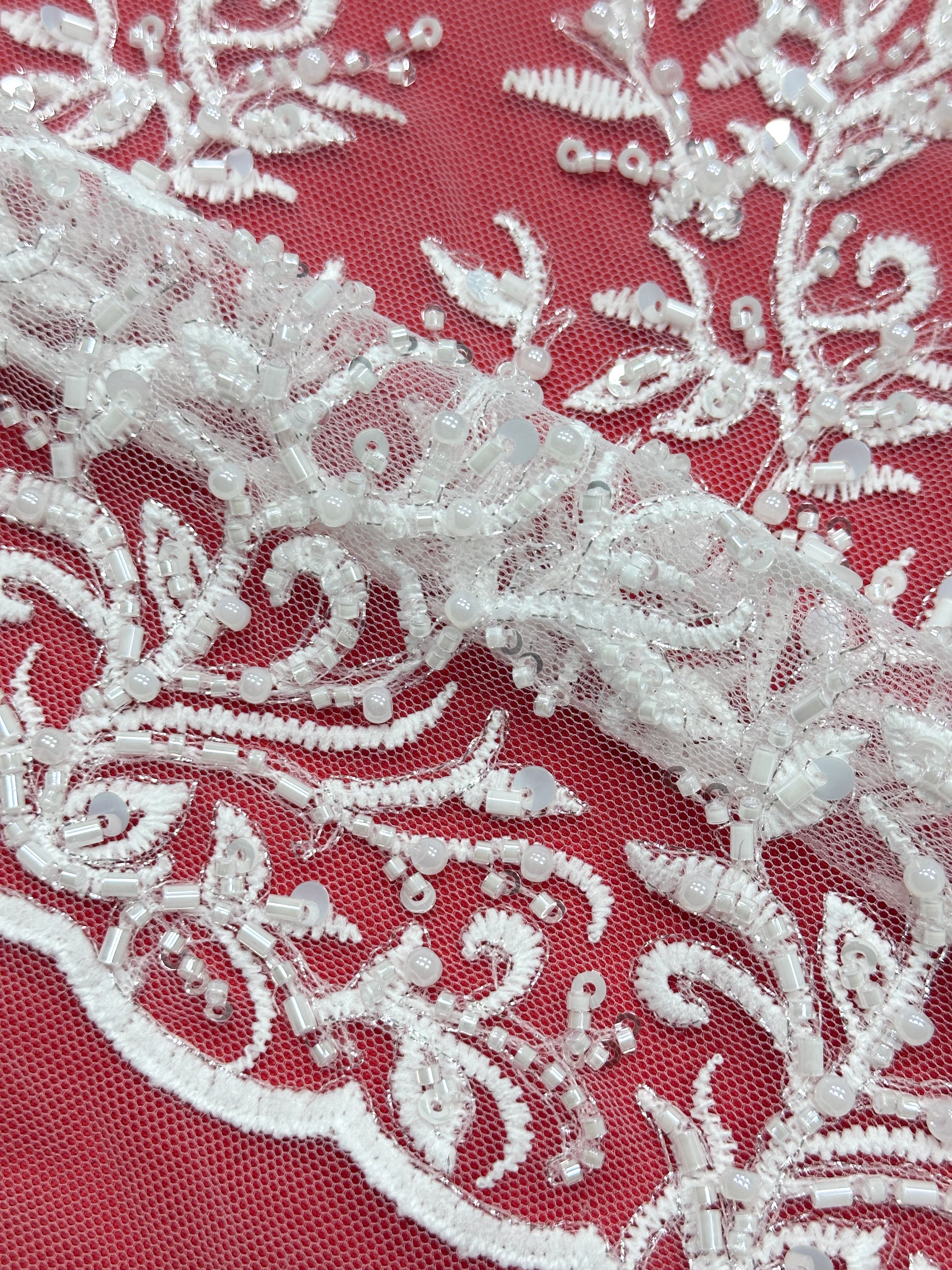 BLS6578#	Beaded Embroidered Border Lace Fabric Leaf Vine Sequined Tulle Lace with Scalloped Edge for Wedding Dresses