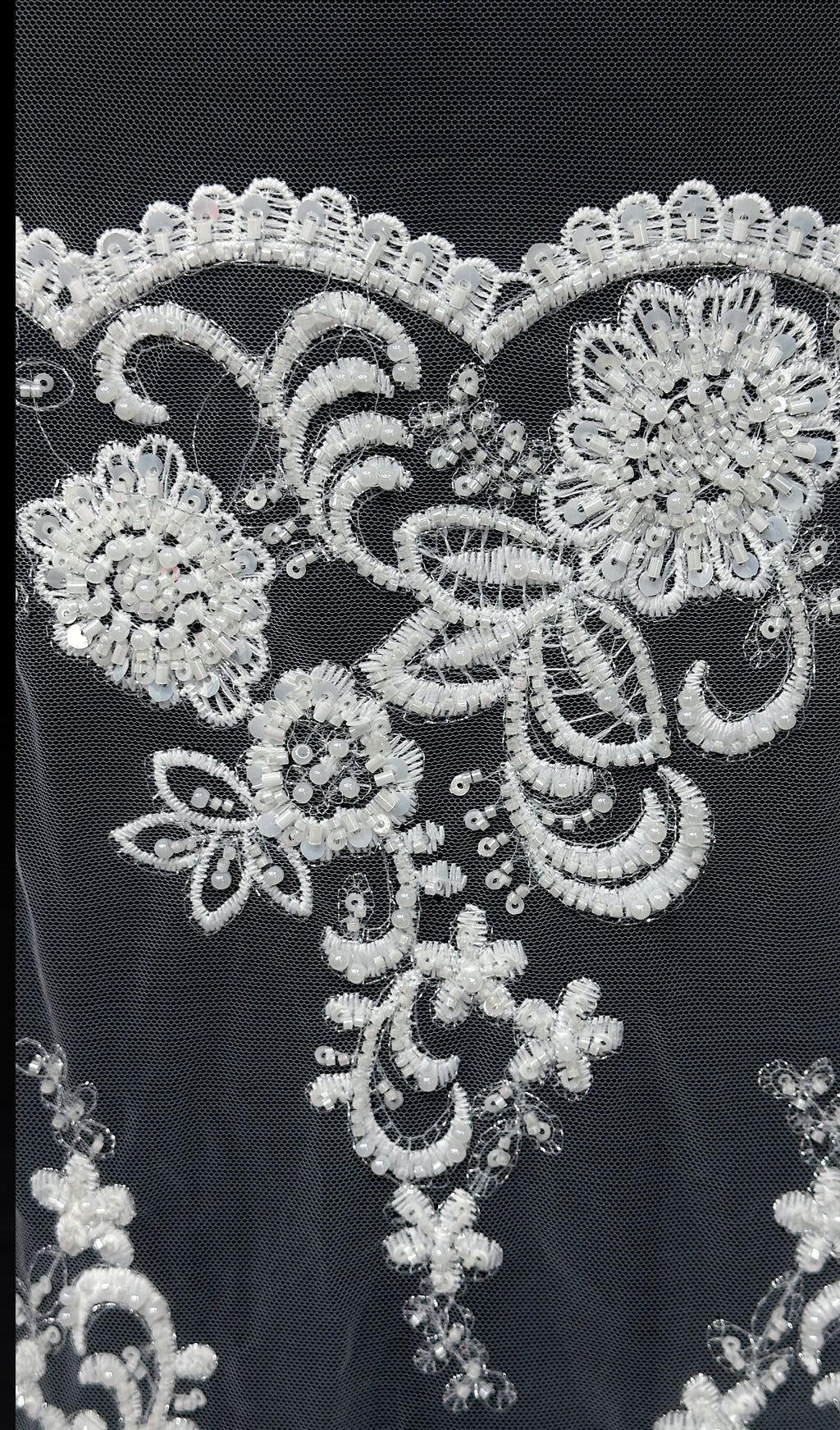 BLS6579#	Beaded Embroidered Border Lace Fabric Floral Sequined Tulle Lace with Scalloped Edge for Wedding Dresses