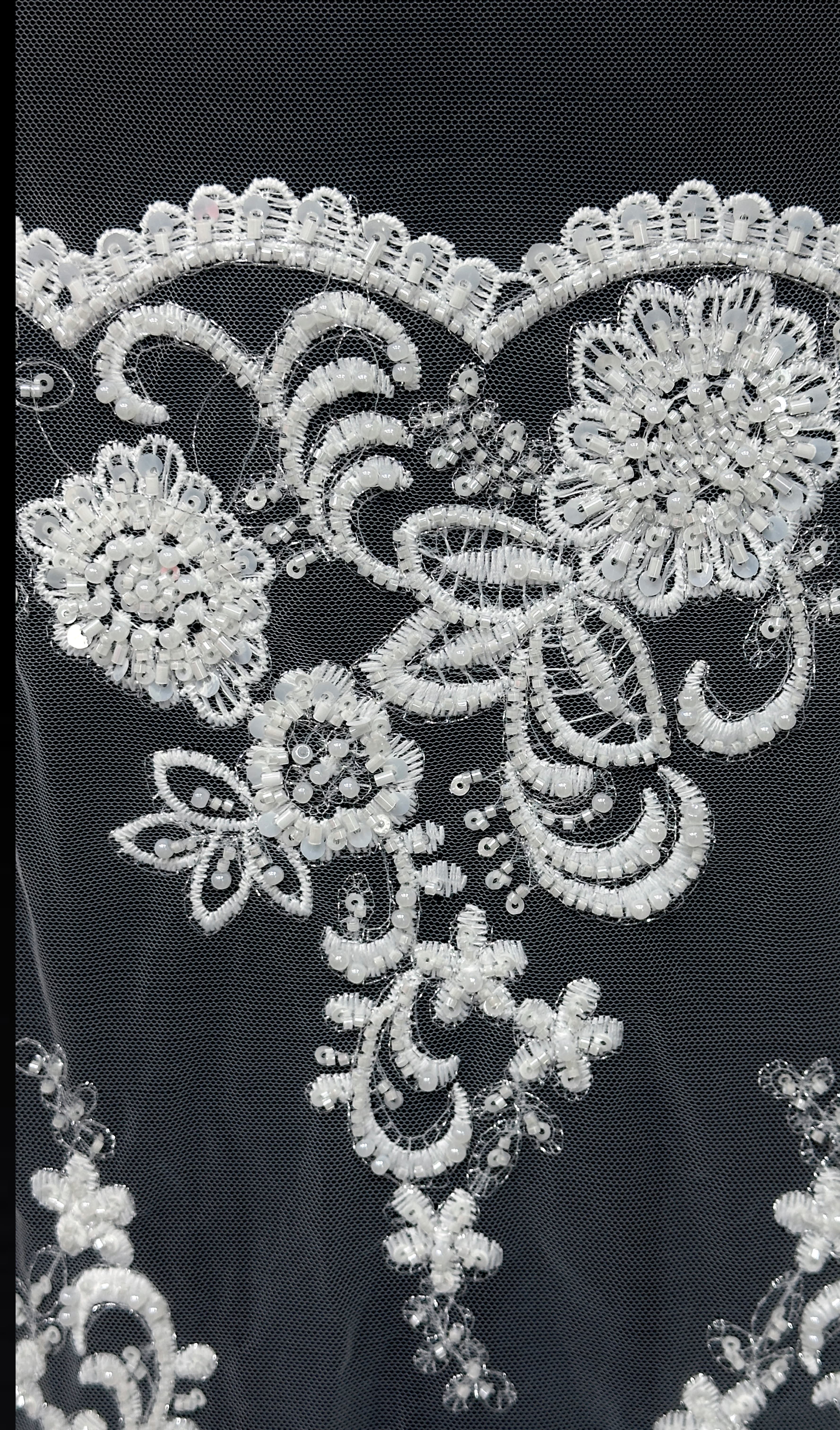 BLS6579#	Beaded Embroidered Border Lace Fabric Floral Sequined Tulle Lace with Scalloped Edge for Wedding Dresses