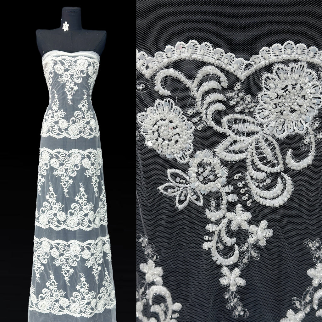 BLS6579#	Beaded Embroidered Border Lace Fabric Floral Sequined Tulle Lace with Scalloped Edge for Wedding Dresses