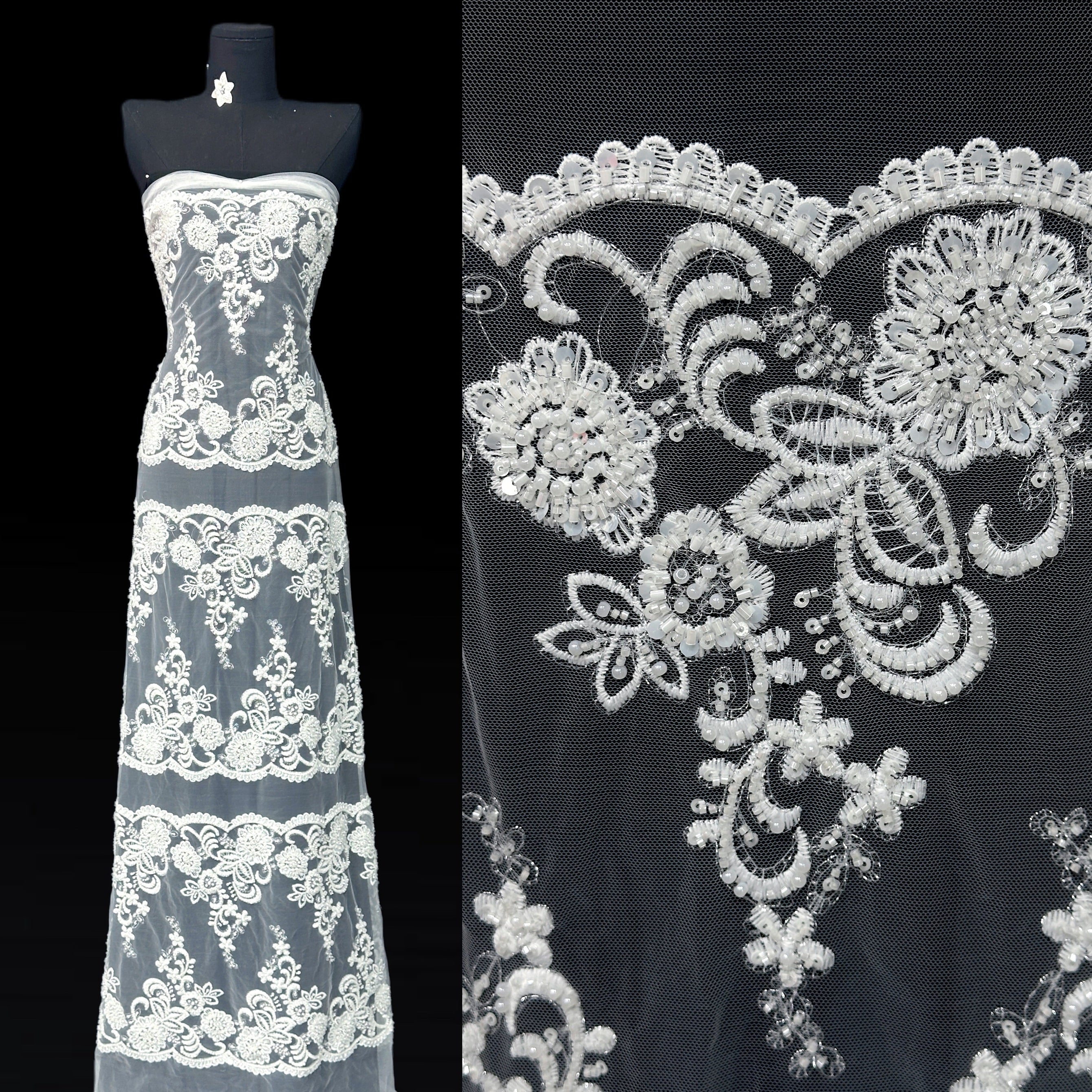BLS6579#	Beaded Embroidered Border Lace Fabric Floral Sequined Tulle Lace with Scalloped Edge for Wedding Dresses