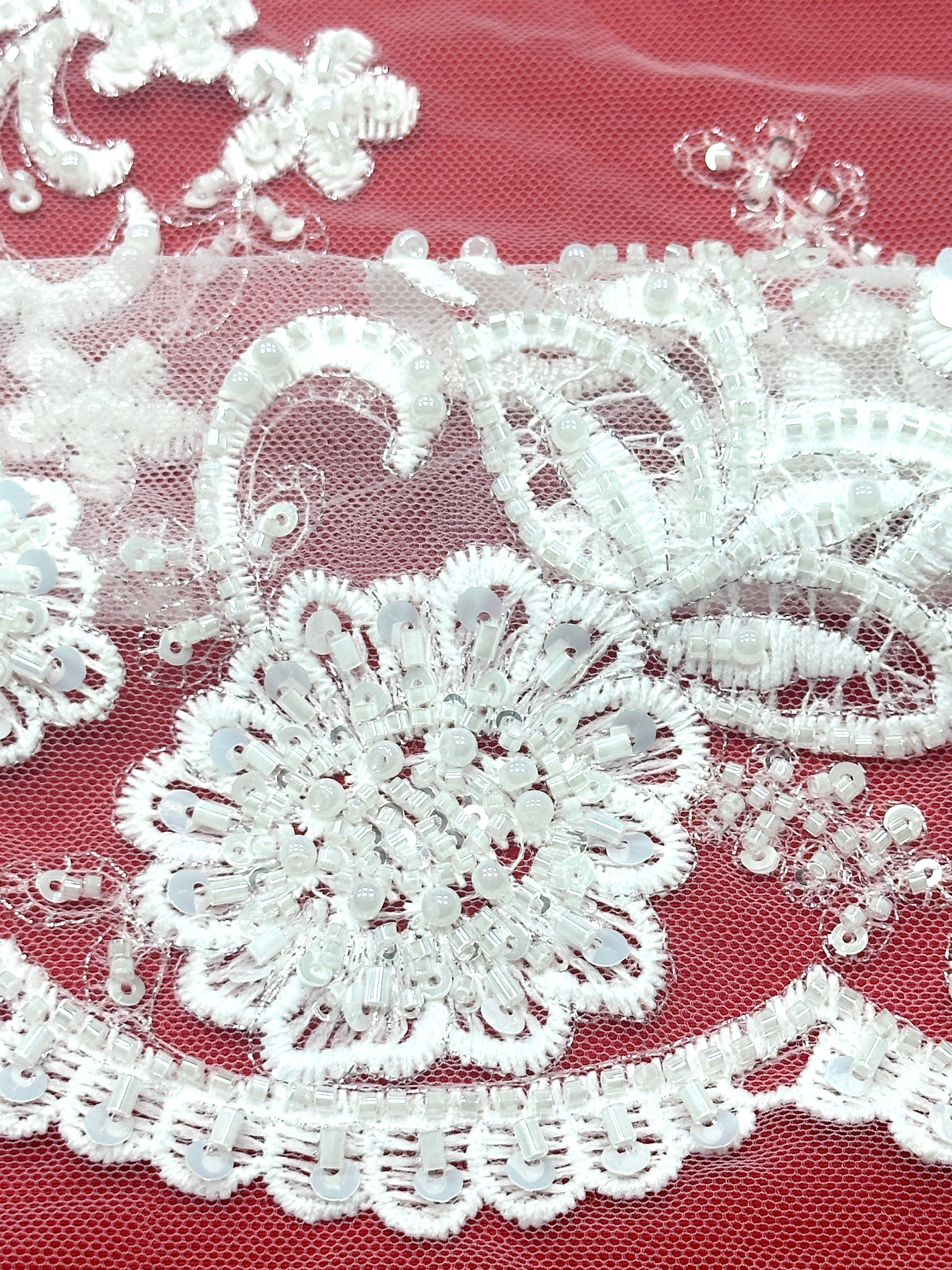 BLS6579#	Beaded Embroidered Border Lace Fabric Floral Sequined Tulle Lace with Scalloped Edge for Wedding Dresses