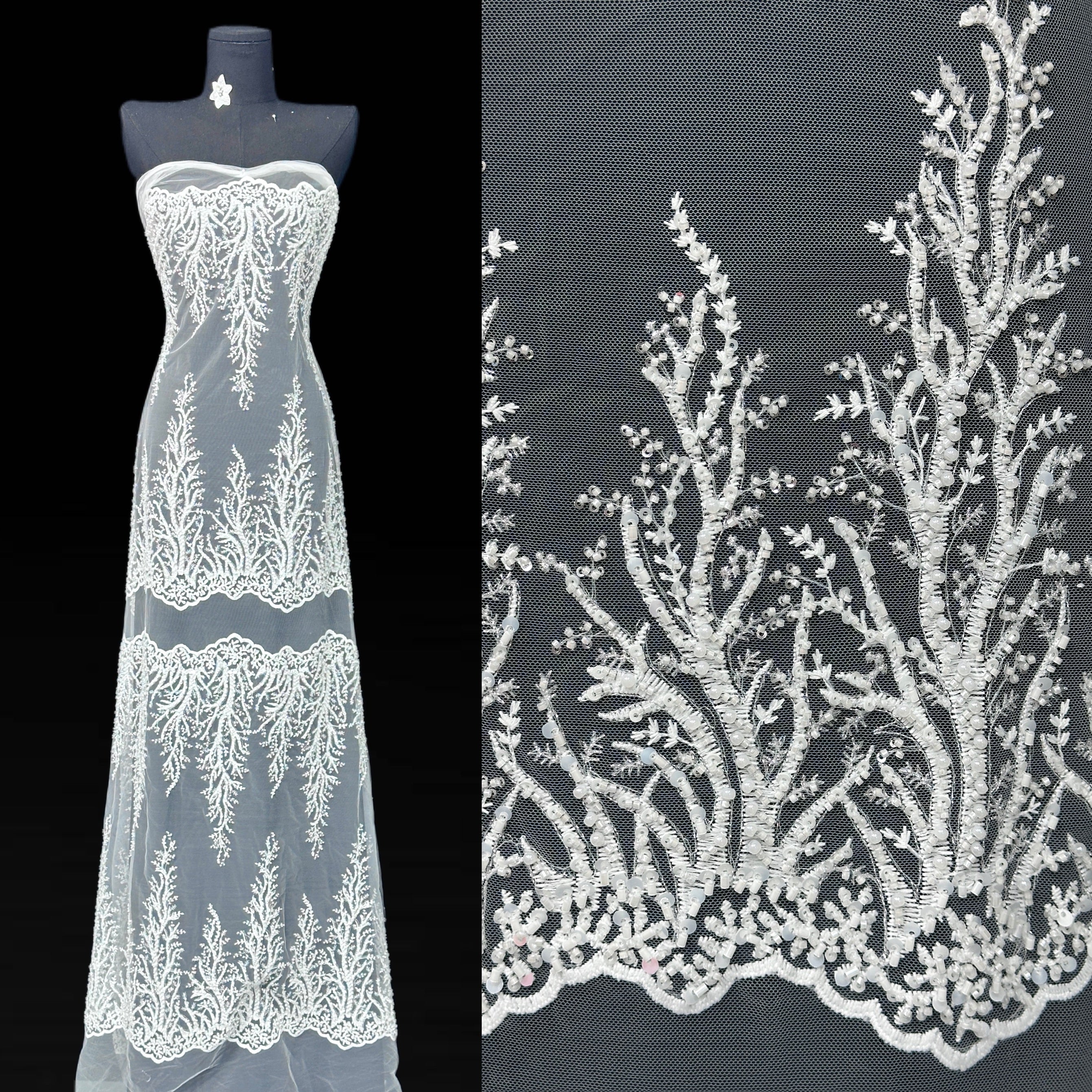 BLS6580#	Border Beaded Lace Fabric Leaf Vine Embroidered Tulle Lace with Sequined Scalloped Edge for Wedding Dresses