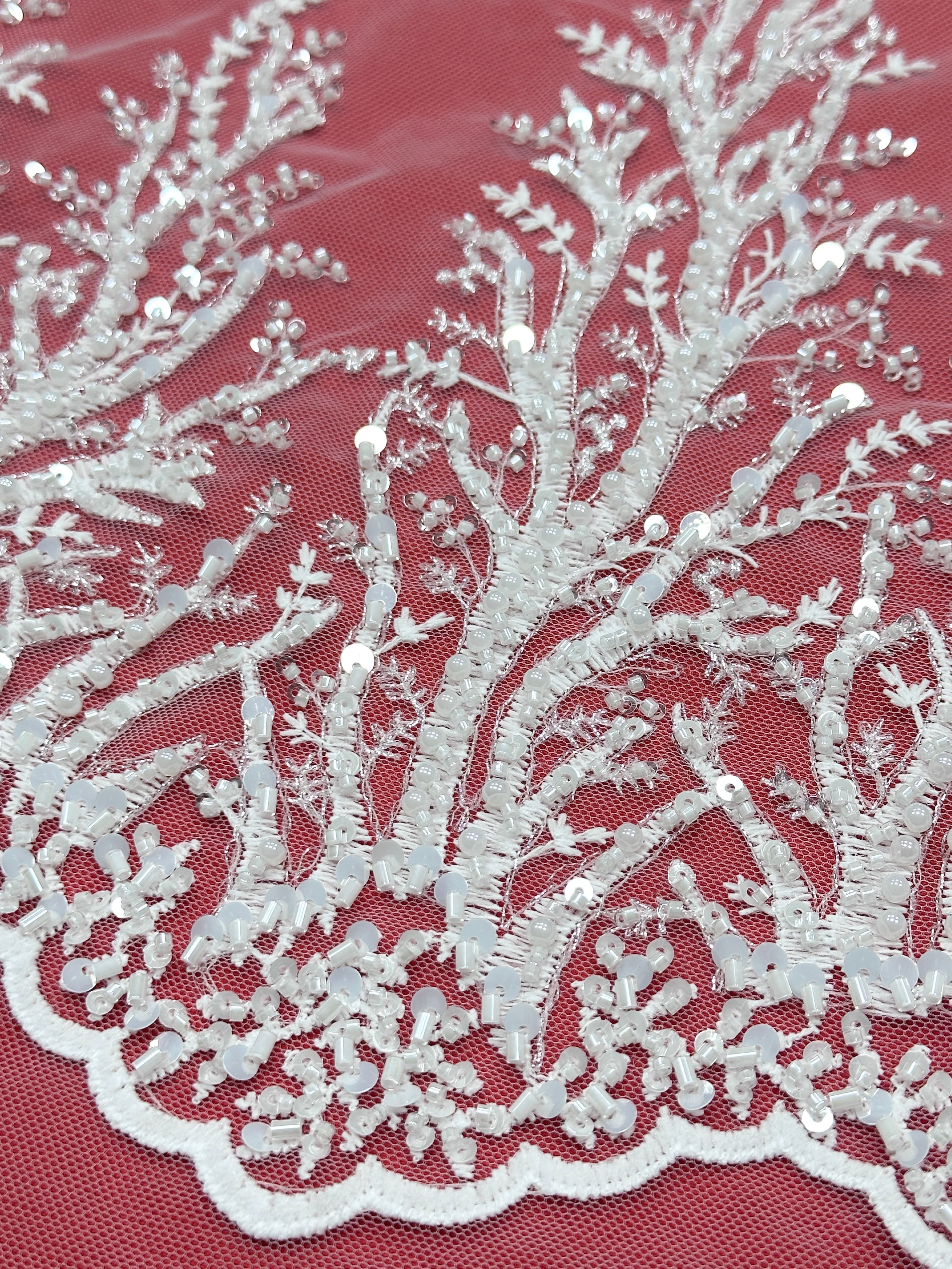 BLS6580#	Border Beaded Lace Fabric Leaf Vine Embroidered Tulle Lace with Sequined Scalloped Edge for Wedding Dresses