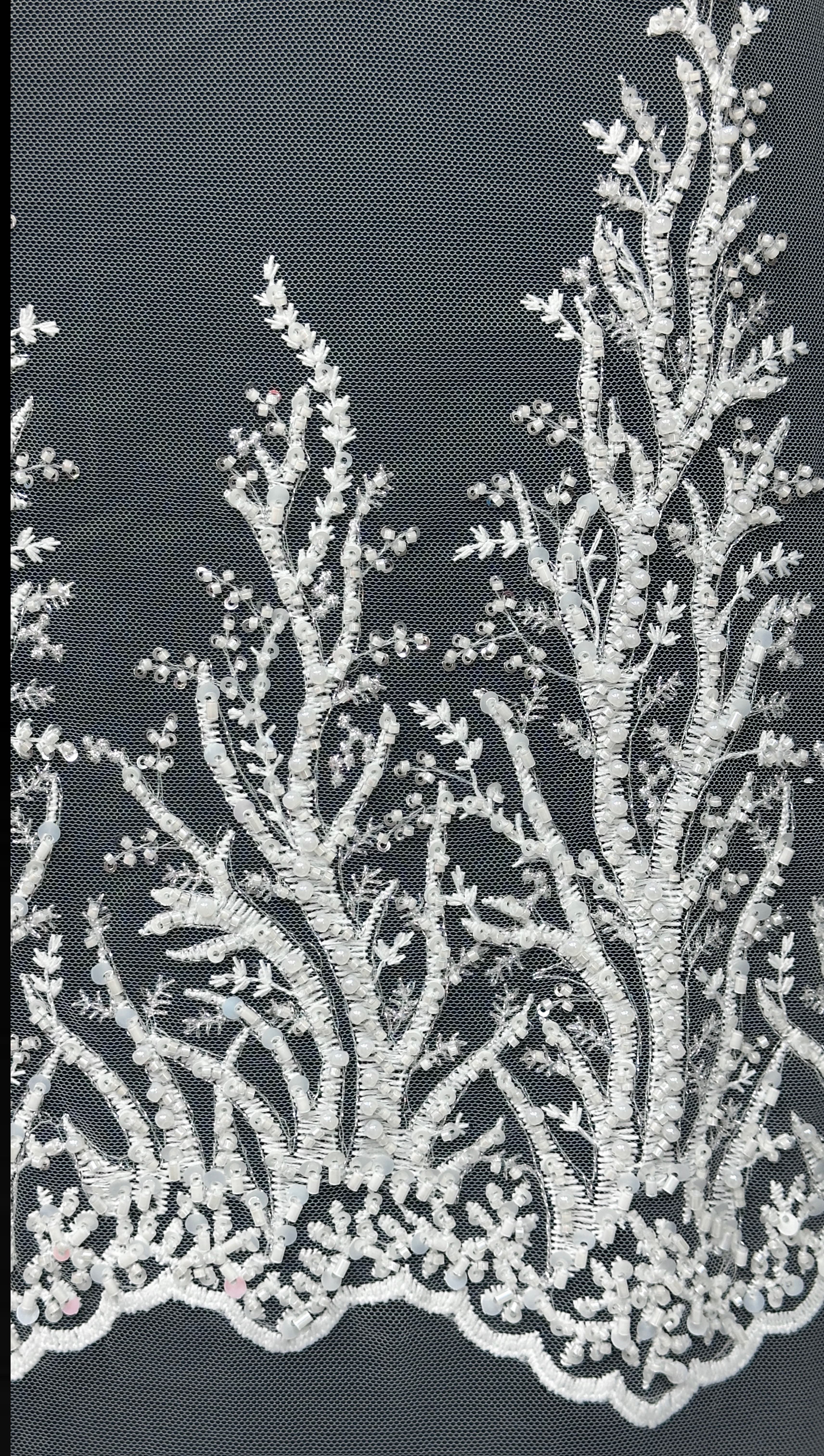 BLS6580#	Border Beaded Lace Fabric Leaf Vine Embroidered Tulle Lace with Sequined Scalloped Edge for Wedding Dresses