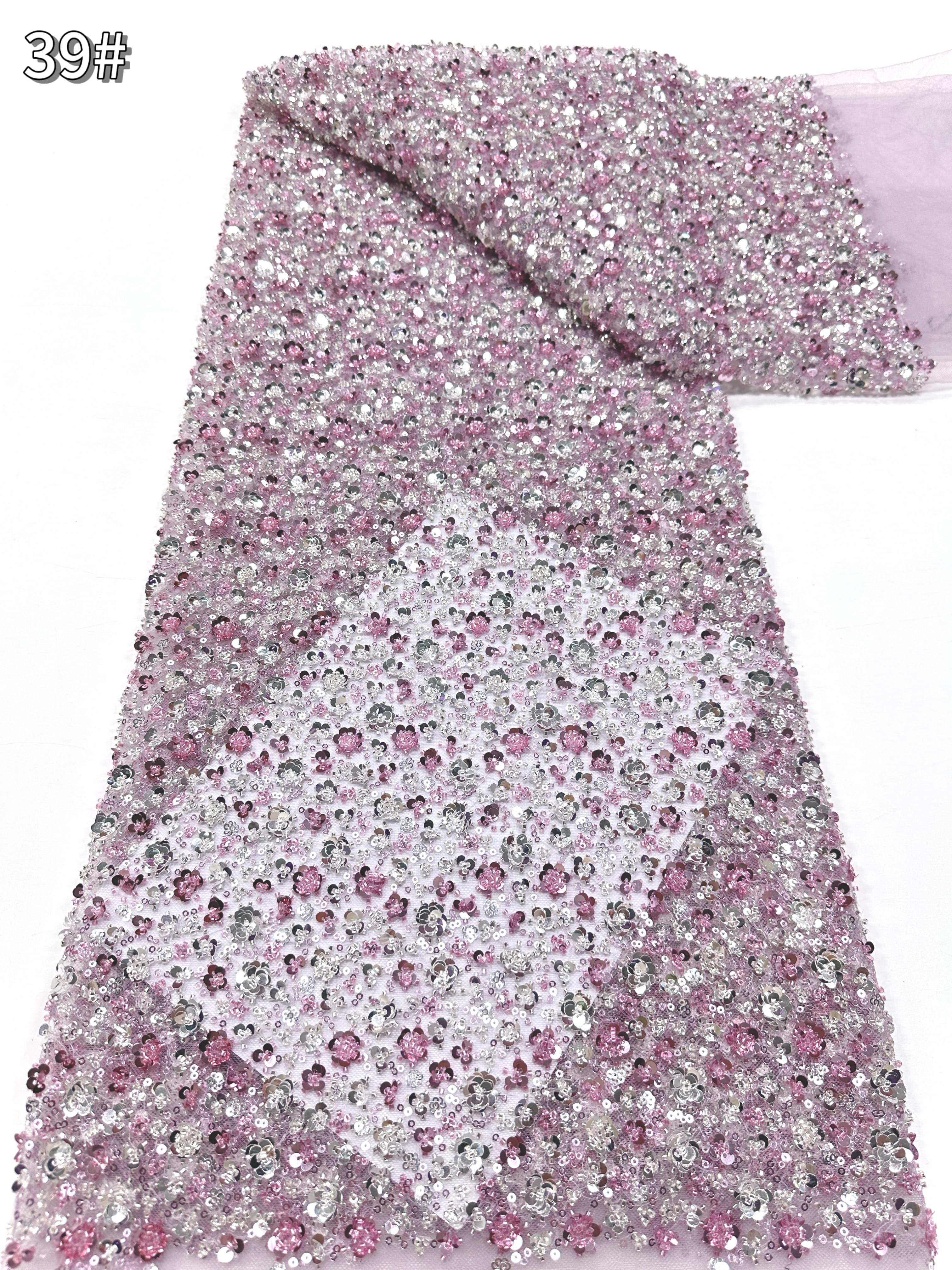BLS6586#	Sequined and Beaded Lace Fabric Small Floral Tulle Lace Fabric for Wedding Dresses Bridal Gowns