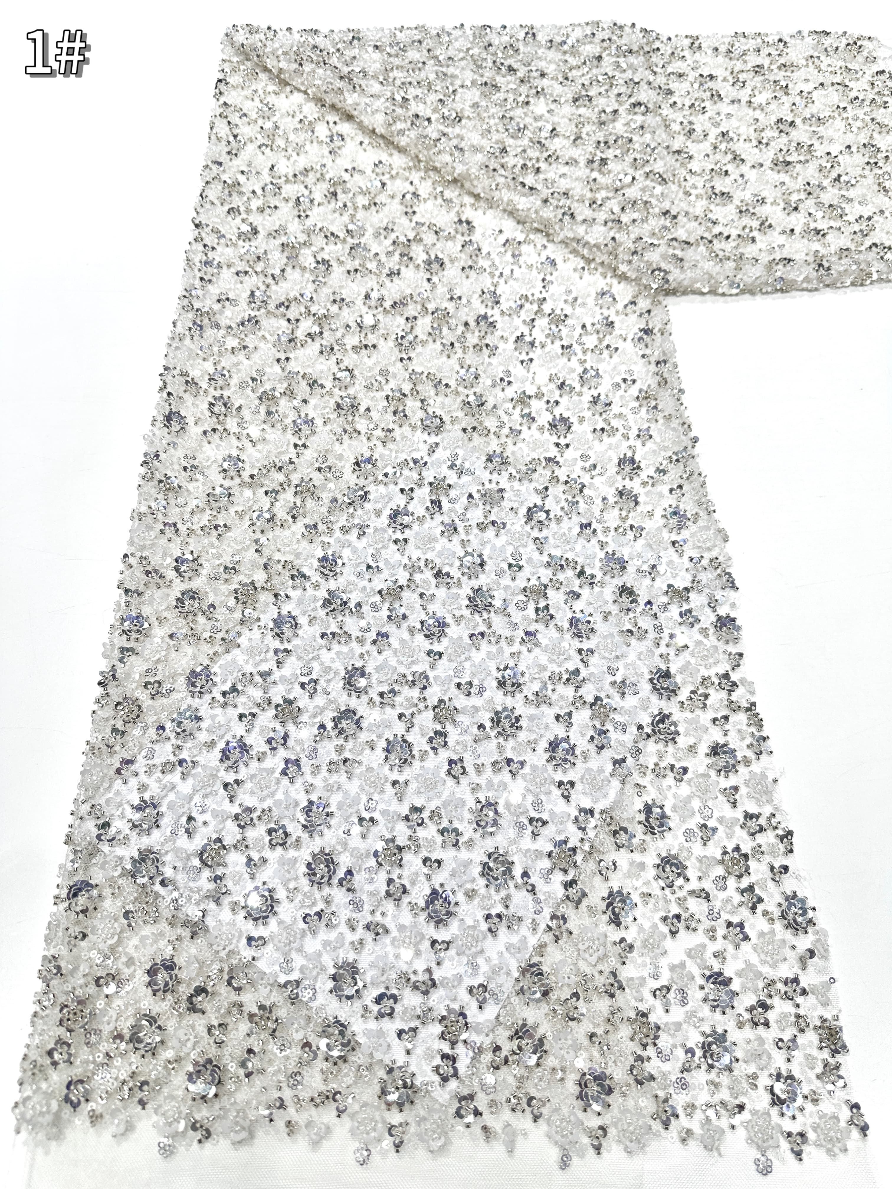 BLS6586#	Sequined and Beaded Lace Fabric Small Floral Tulle Lace Fabric for Wedding Dresses Bridal Gowns