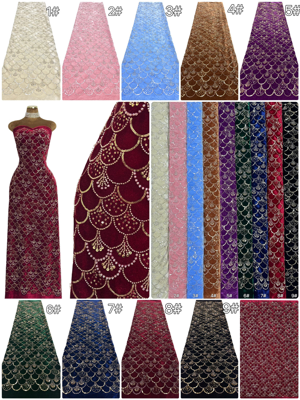 SBLS6588#	Sequined Beaded Geometric Lace Fabric Scalloped Edge Embroidered Lace Fabric for Wedding Dresses Bridal Gowns