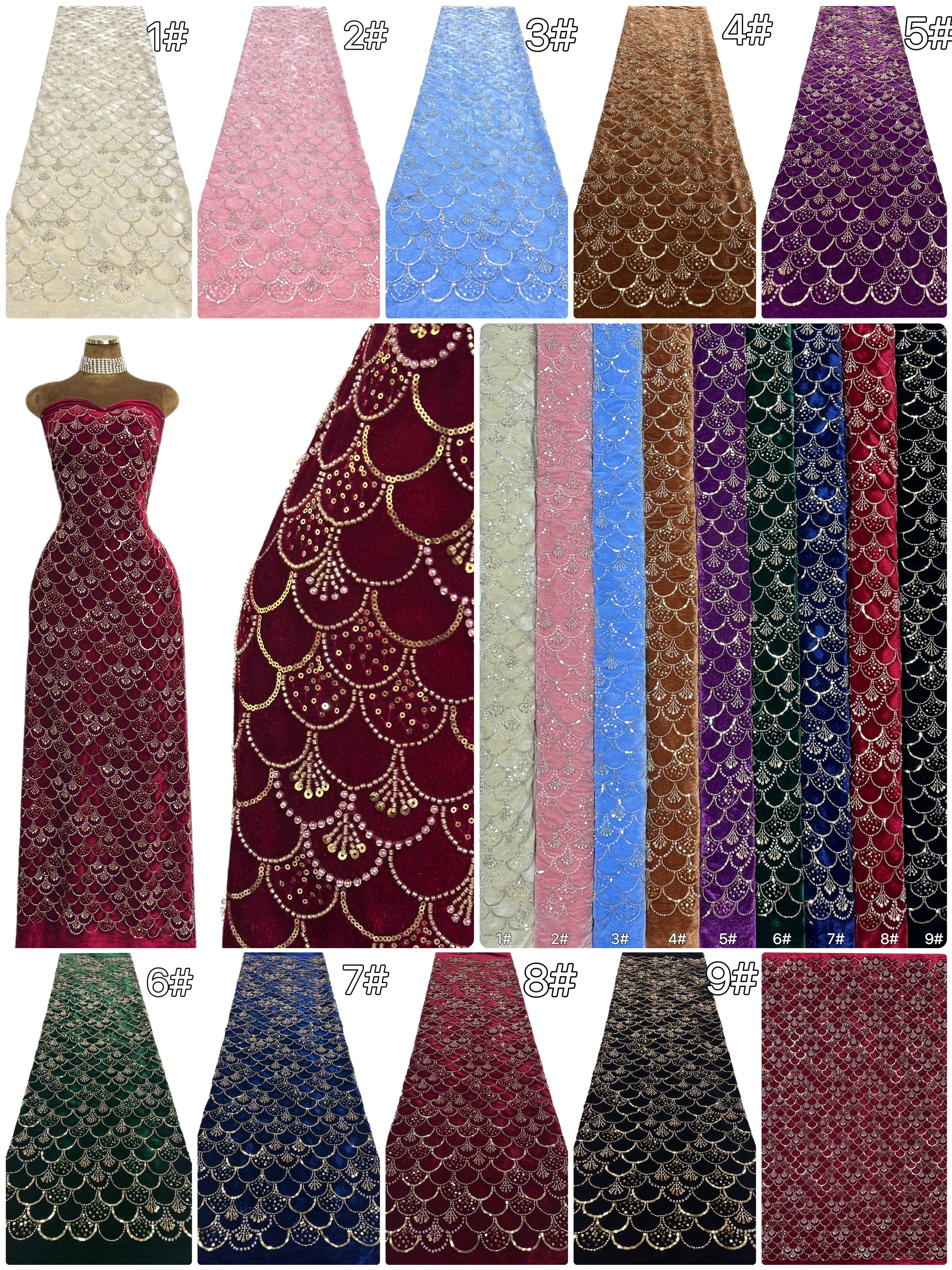 SBLS6588#	Sequined Beaded Geometric Lace Fabric Scalloped Edge Embroidered Lace Fabric for Wedding Dresses Bridal Gowns
