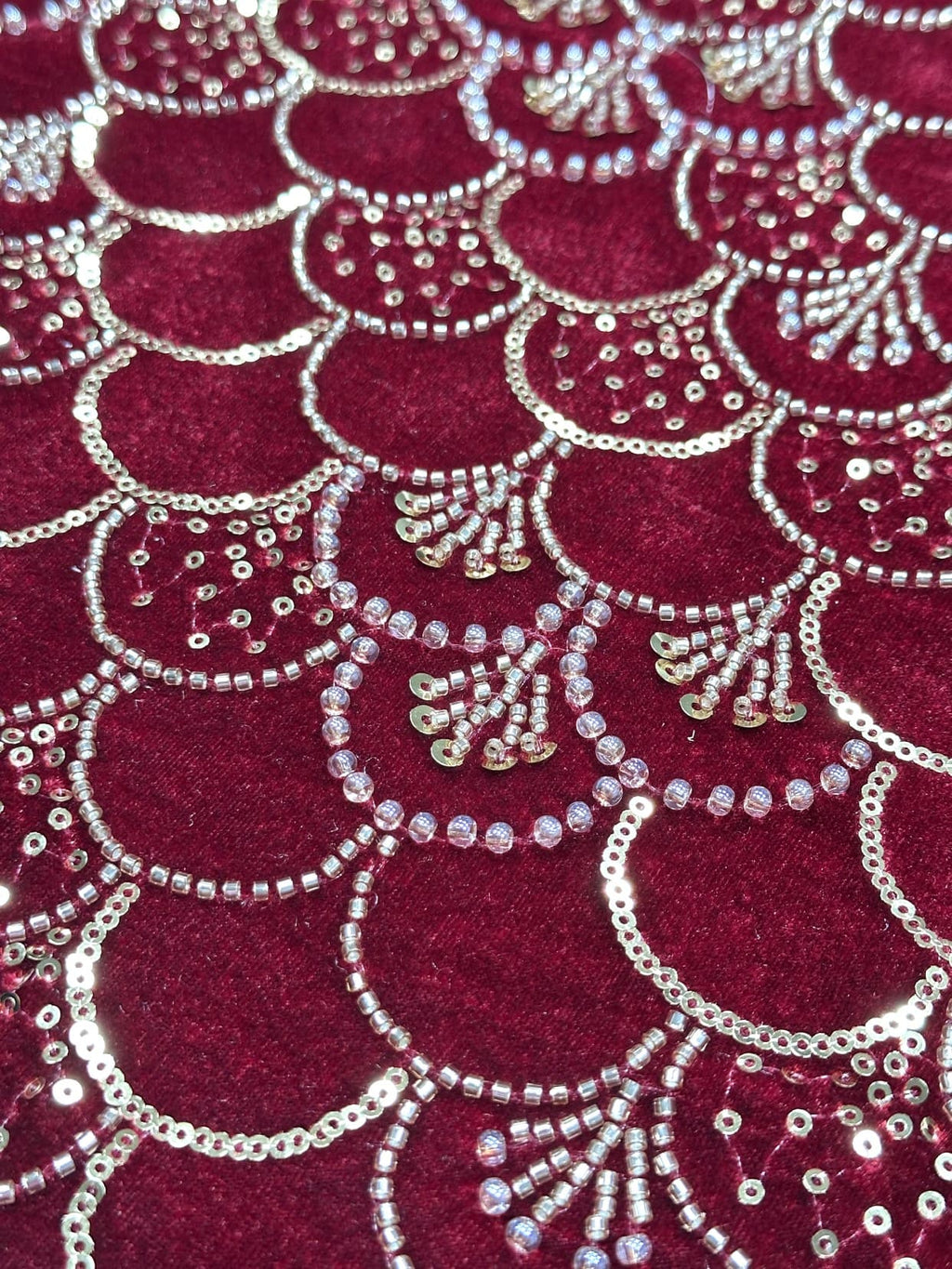 SBLS6588#	Sequined Beaded Geometric Lace Fabric Scalloped Edge Embroidered Lace Fabric for Wedding Dresses Bridal Gowns