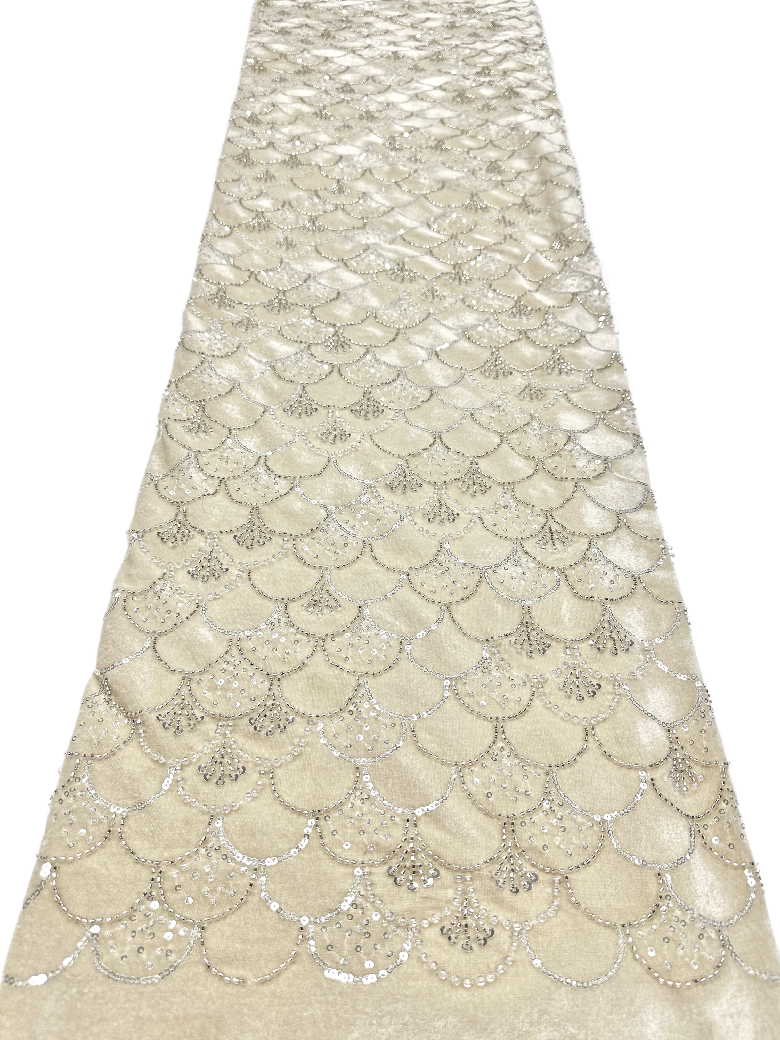 SBLS6588#	Sequined Beaded Geometric Lace Fabric Scalloped Edge Embroidered Lace Fabric for Wedding Dresses Bridal Gowns